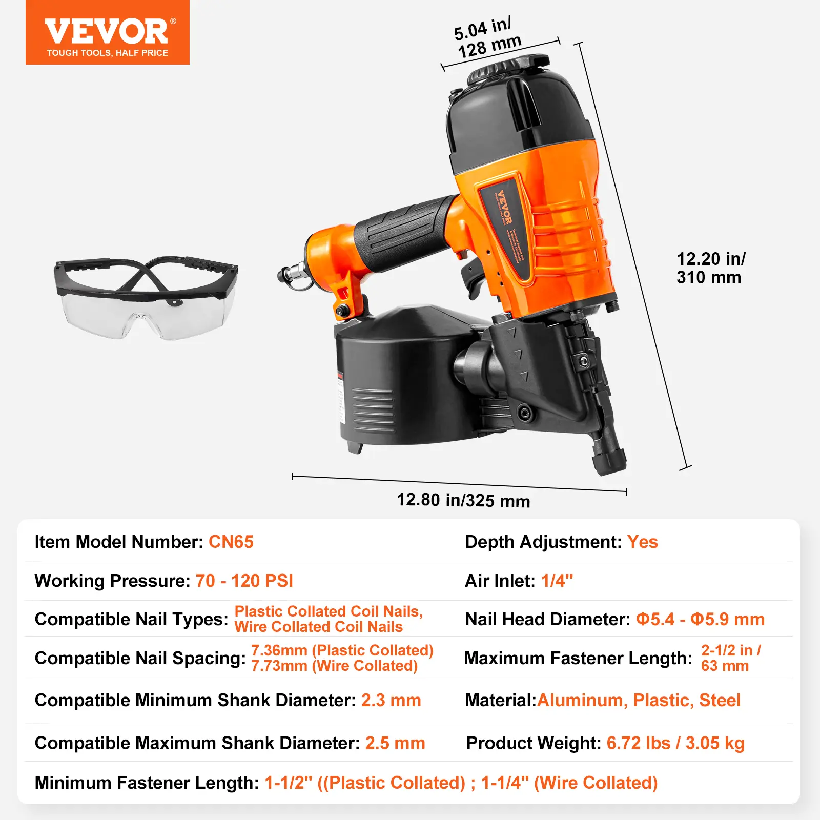 Clavadora neumática de bobina para revestimientos CN65, de 1-1/4" a 2-1/2", 15 grados, con ajuste de profundidad sin herramientas, 70-120 PSI, para revestimientos, entablado de paletas, madera, cercas y cubiertas.