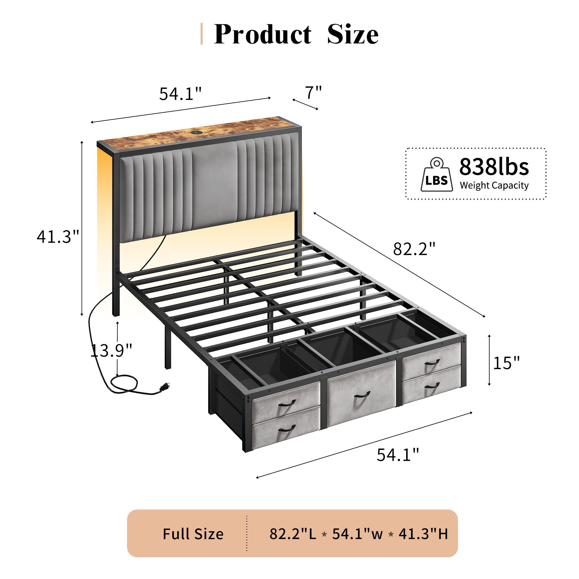 Raybee Modern Bed Frame with 5 Storage Fabric Drawers for Queen/King/Full Size, Luxury Upholstered Platform LED Bed Frame with Built-in Charging Station & Shelf on Headboard, 13.39" Under Bed Space for Apartment, Dorms, Attic, Guestroom, 838LBS Capacity Raybee Modern Bed Frame with 5 Storage Fabric Drawers for Queen/King/Full Size, Luxury Upholstered Platform LED Bed Frame with Built-in Charging Station & Shelf on Headboard, 13.39" Under Bed Space for Apartment, Dorms, Attic, Guestroom, 838LBS Capacity