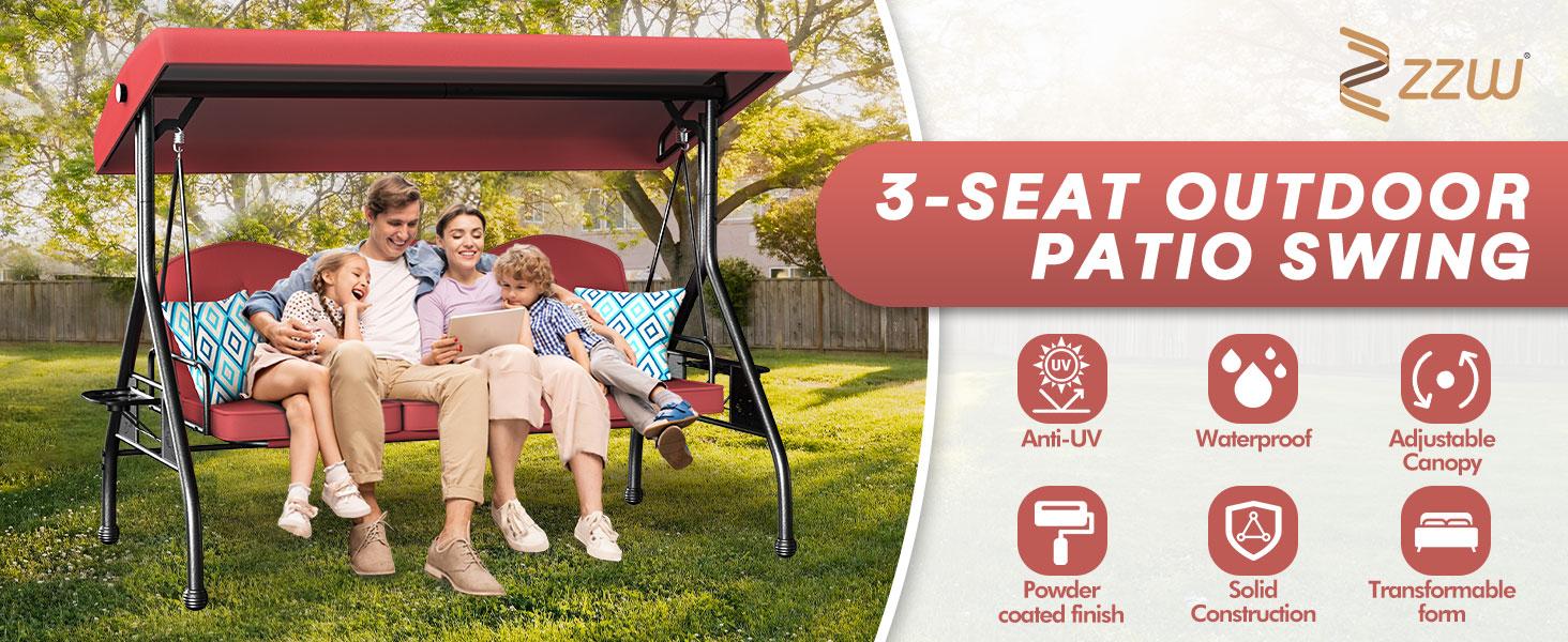 【Summervibes】3 Seat Outdoor Porch Patio Swing 800lbs 2-in-1 Patio Swing Chair Bed with Adjustable Canopy & Cup Holder Removable Cushion Outdoor Adult Swing with Stand for Yard Porch Garden Deck 【Summervibes】3 Seat Outdoor Porch Patio Swing 800lbs 2-in-1 Patio Swing Chair Bed with Adjustable Canopy & Cup Holder Removable Cushion Outdoor Adult Swing with Stand for Yard Porch Garden Deck
