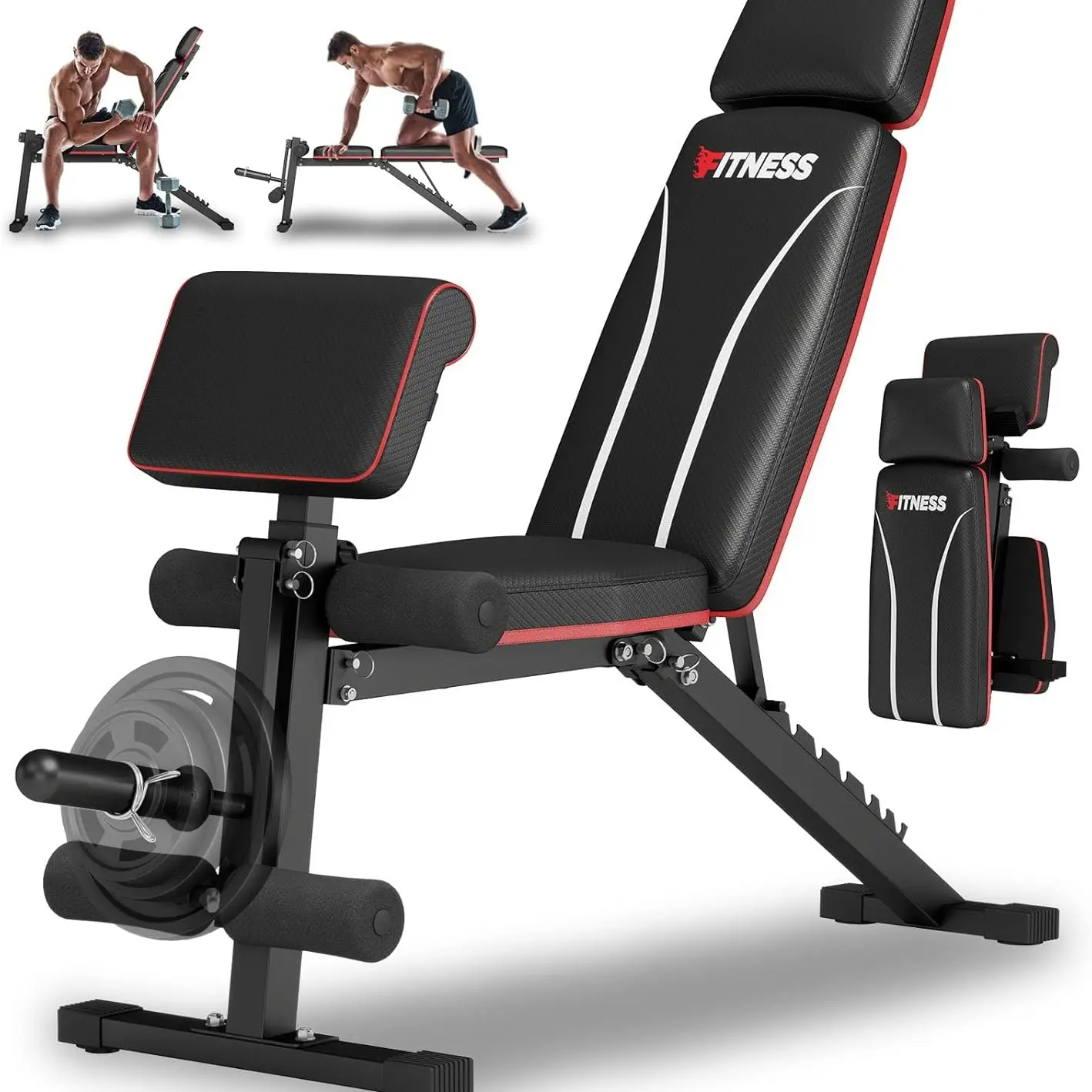 Banco de pesas plegable, capacidad de carga de 880 lb (los discos de peso no están incluidos). Banco de entrenamiento para press de banca en gimnasio en casa; equipo de ejercicio con posiciones de inclinación, declinación y abdominales, que incluye extens
