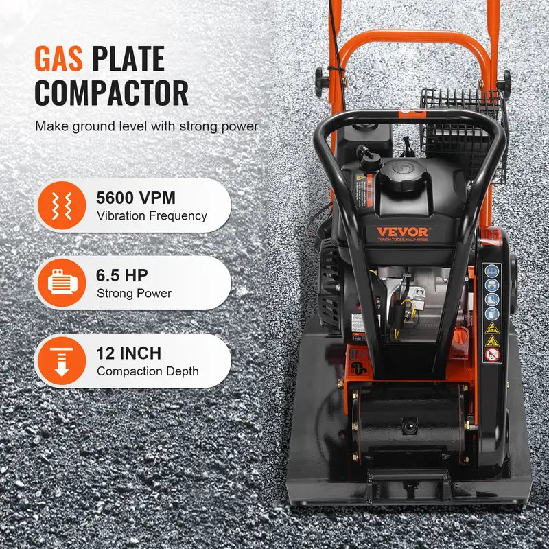 Compactador de placa, motor de gasolina de 6.5 HP y 196 CC, compactador vibratorio de 4200 lb, compactador de placa de 22.1 x 15.9 pulgadas, compactador de pavimento de 5600 VPM para pasarelas, asfalto, paisajismo con adoquines