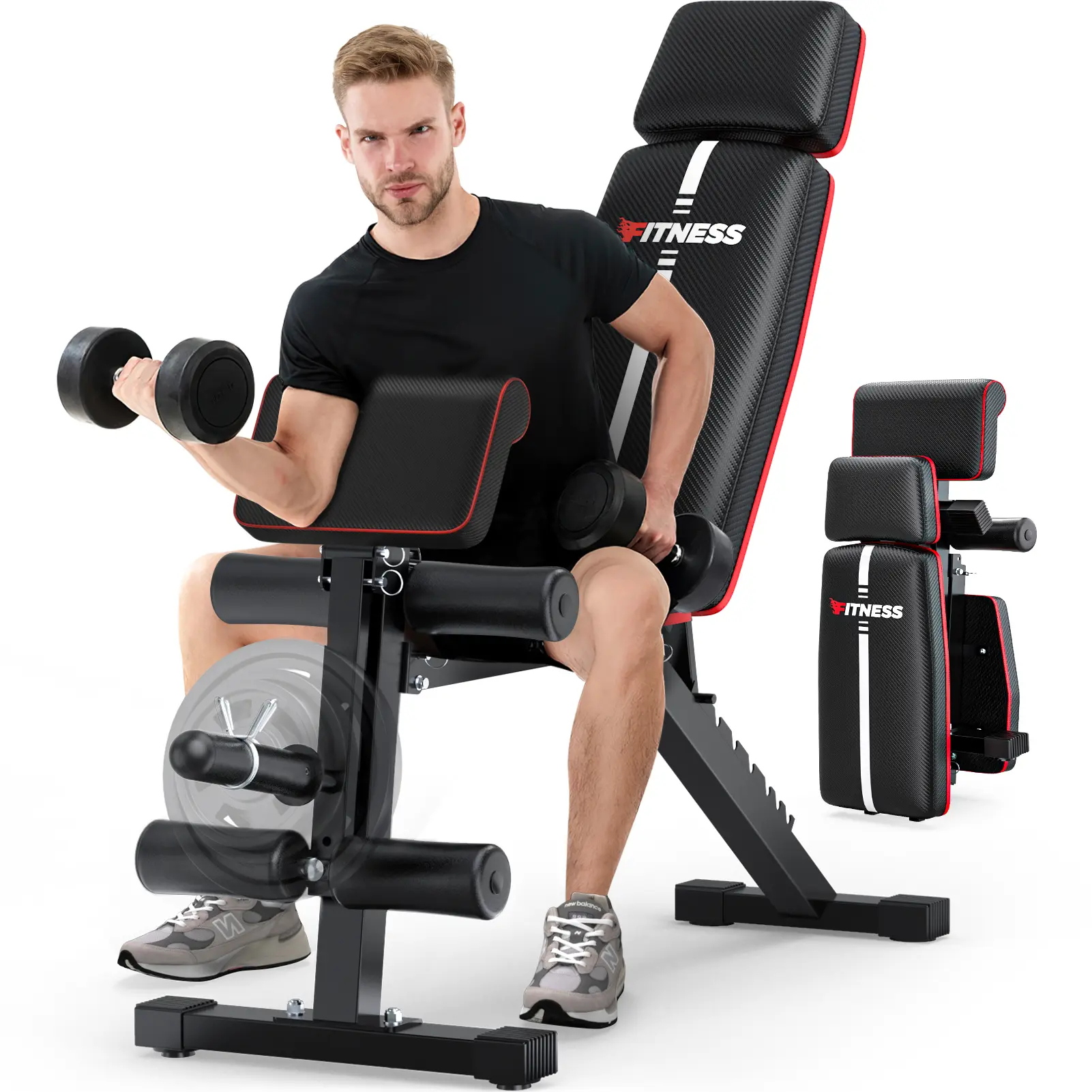 Banco de pesas plegable, capacidad de carga de 880 lb (los discos de peso no están incluidos). Banco de entrenamiento para press de banca en gimnasio en casa; equipo de ejercicio con posiciones de inclinación, declinación y abdominales, que incluye extens