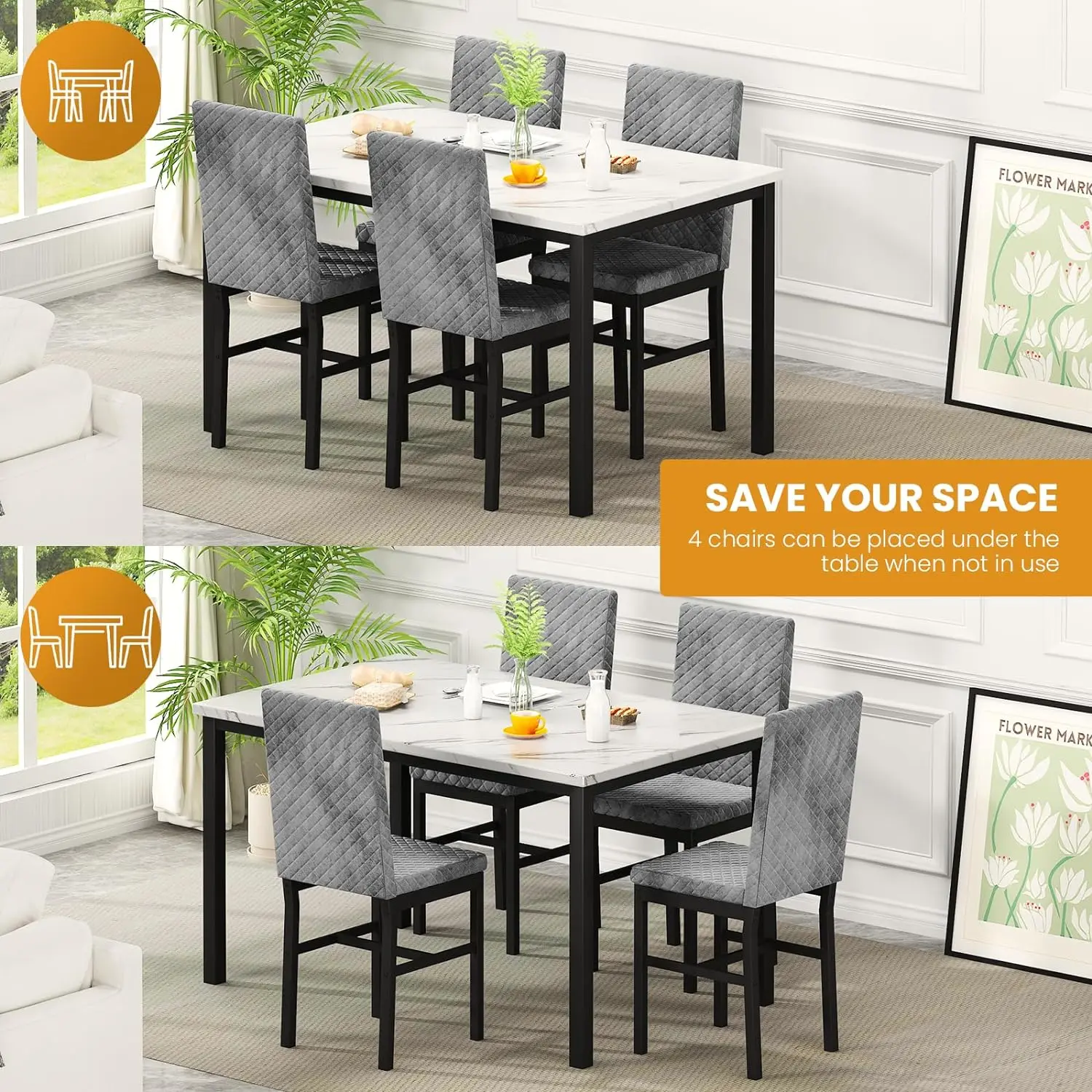 Juego de mesa de comedor de imitación de mármol para 4 personas con 4 sillas tapizadas de terciopelo, mesa de 120 x 69 cm, altura de la silla de 90 cm, muebles ergonómicos modernos para el hogar, silla de comedor para exteriores