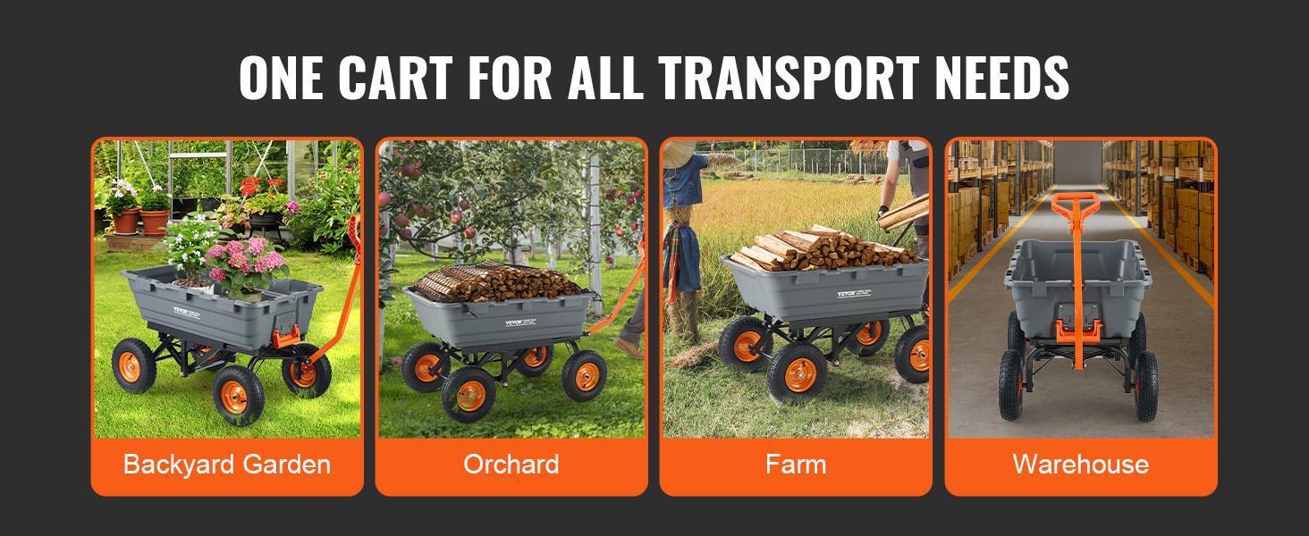 VEVOR Poly Garden Dump Cart with Easy to Assemble Steel Frame, 2-in-1 Convertible Handle, 13 Inch Tires, Max Capacity 1500 lbs, Utility Wheelbarrow Productivity Yard VEVOR Poly Garden Dump Cart with Easy to Assemble Steel Frame, 2-in-1 Convertible Handle, 13 Inch Tires, Max Capacity 1500 lbs, Utility Wheelbarrow Productivity Yard