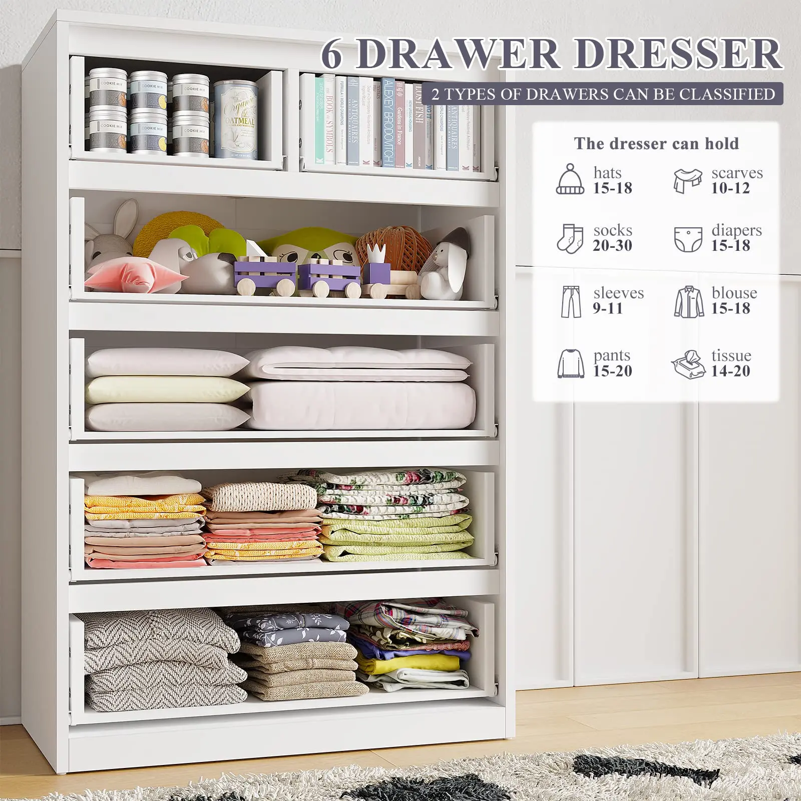 Cómoda moderna de madera con 4/5/6 cajones grandes, elegante armario de almacenamiento y cómodas con organizador grande, cómoda alta con riel de metal liso, organizador de almacenamiento blanco perfecto y decoración del hogar para dormitorio y sala de est