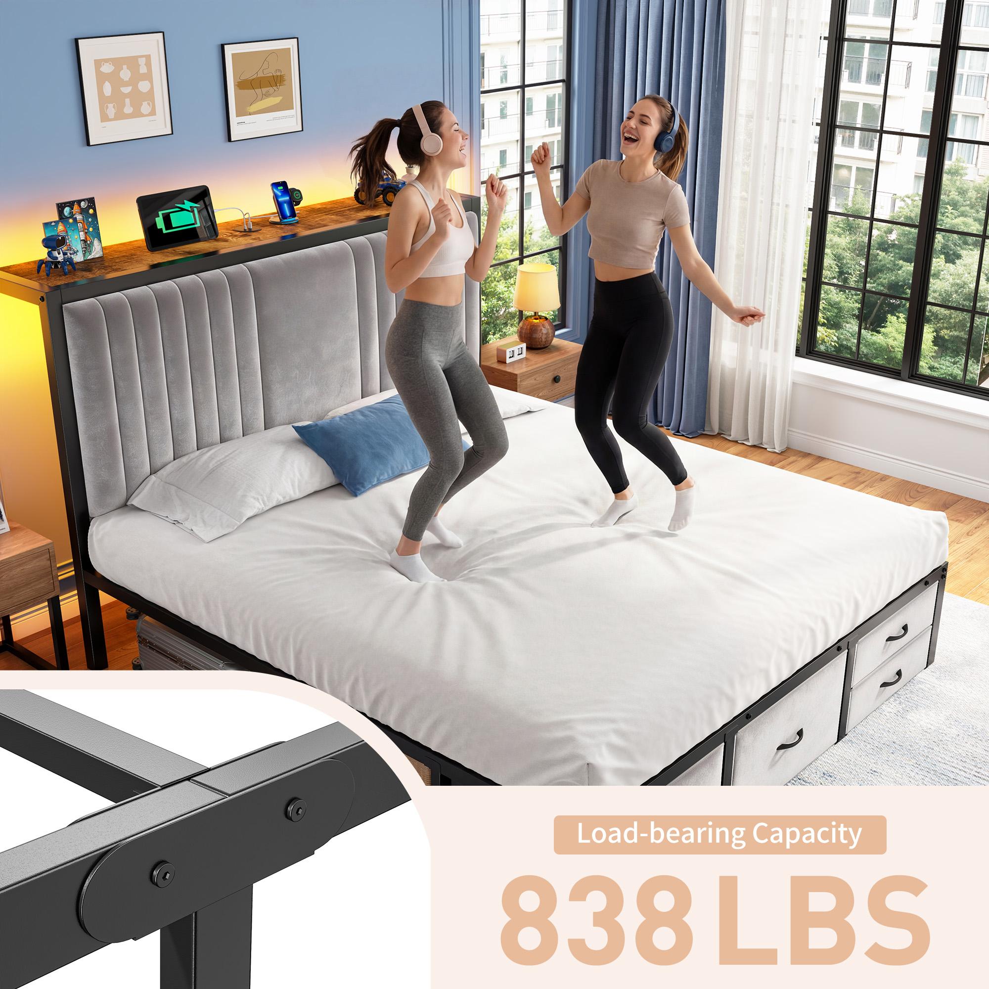 Raybee Modern Bed Frame with 5 Storage Fabric Drawers for Queen/King/Full Size, Luxury Upholstered Platform LED Bed Frame with Built-in Charging Station & Shelf on Headboard, 13.39" Under Bed Space for Apartment, Dorms, Attic, Guestroom, 838LBS Capacity Raybee Modern Bed Frame with 5 Storage Fabric Drawers for Queen/King/Full Size, Luxury Upholstered Platform LED Bed Frame with Built-in Charging Station & Shelf on Headboard, 13.39" Under Bed Space for Apartment, Dorms, Attic, Guestroom, 838LBS Capacity