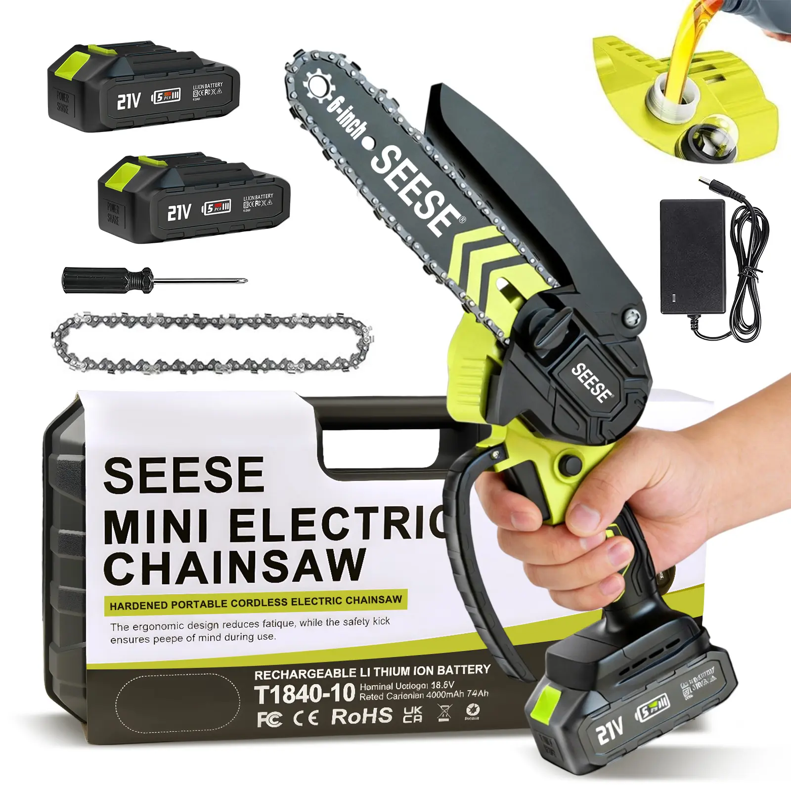 SEESE Mini Motosierra sin escobillas con sistema de lubricación - Sierra eléctrica inalámbrica portátil para cortar madera, funciona con baterías (2000 mAh), podar, jardinería y camping. Ideal para personas mayores y mujeres. Regalo perfecto para las fies