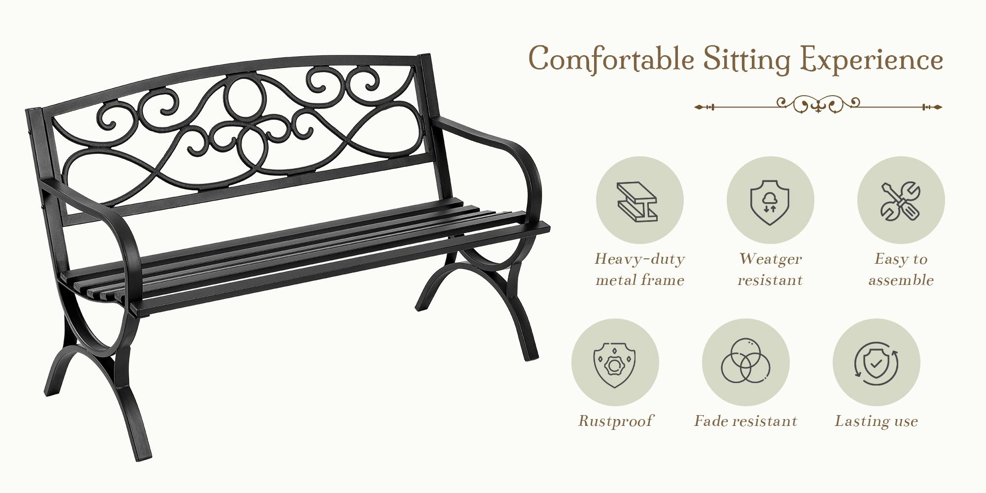 Outdoor Park Bench, Metal Frame Freestanding with Floral Pattern Backrest for Patio, Garden Outdoor Park Bench, Metal Frame Freestanding with Floral Pattern Backrest for Patio, Garden