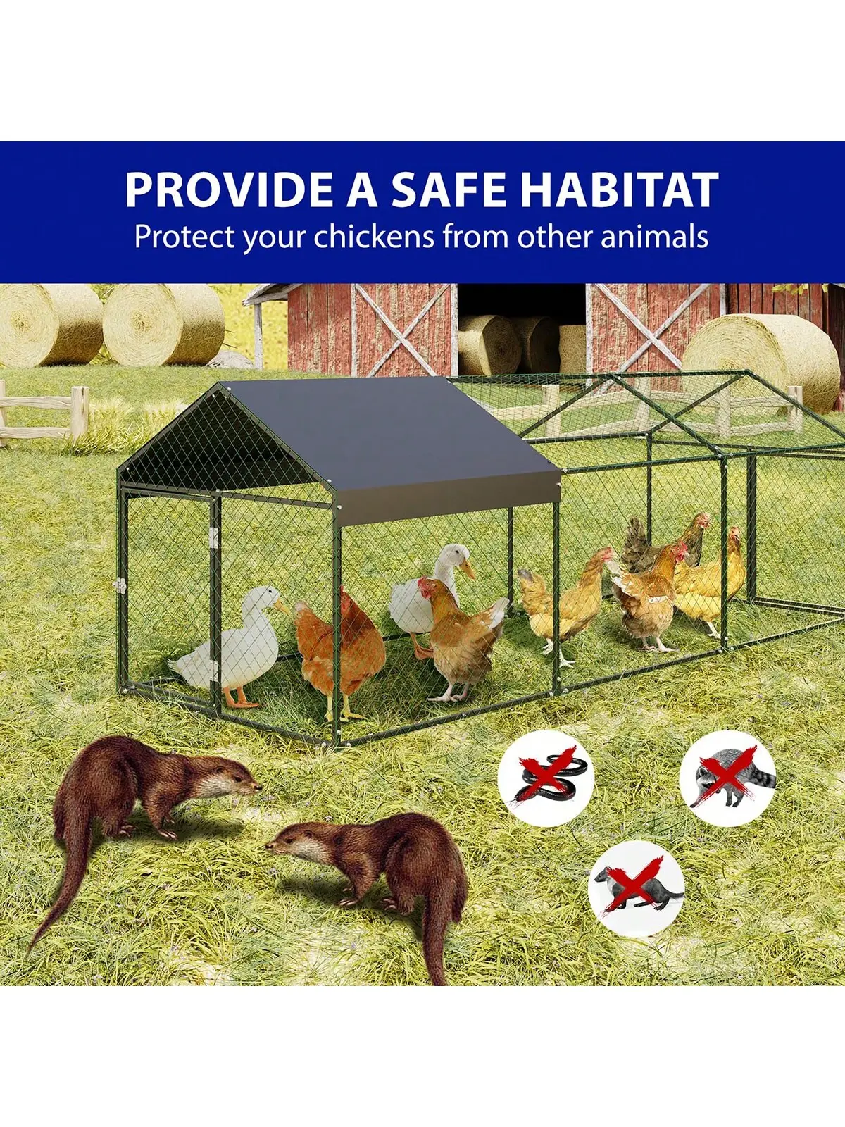 Gallinero grande de acero y plástico con cubierta resistente a la intemperie, corral portátil ventilado para aves de corral, gallinero transitable y seguro para gallinas de granja, recinto exterior para conejos y patos.