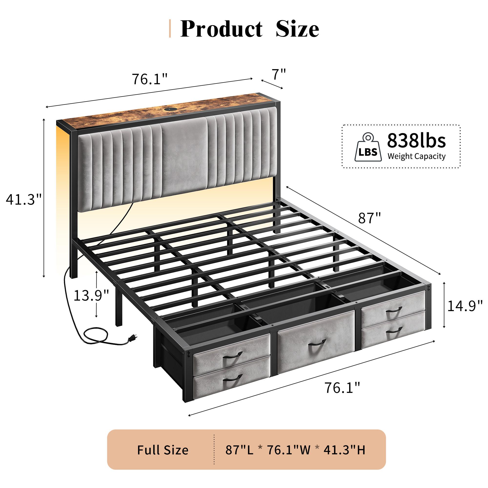 Raybee Modern Bed Frame with 5 Storage Fabric Drawers for Queen/King/Full Size, Luxury Upholstered Platform LED Bed Frame with Built-in Charging Station & Shelf on Headboard, 13.39" Under Bed Space for Apartment, Dorms, Attic, Guestroom, 838LBS Capacity Raybee Modern Bed Frame with 5 Storage Fabric Drawers for Queen/King/Full Size, Luxury Upholstered Platform LED Bed Frame with Built-in Charging Station & Shelf on Headboard, 13.39" Under Bed Space for Apartment, Dorms, Attic, Guestroom, 838LBS Capacity