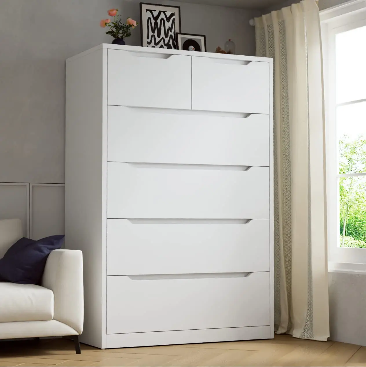 Cómoda moderna de madera con 4/5/6 cajones grandes, elegante armario de almacenamiento y cómodas con organizador grande, cómoda alta con riel de metal liso, organizador de almacenamiento blanco perfecto y decoración del hogar para dormitorio y sala de est