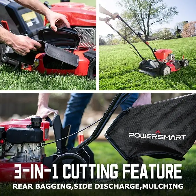 Cortacésped a gasolina PowerSmart, motor de 144 cc, 18/21 pulgadas, modelo 3 en 1 de empuje (Walk-Behind), aceite incluido — SpringTok (DV8618P/DV8621P)