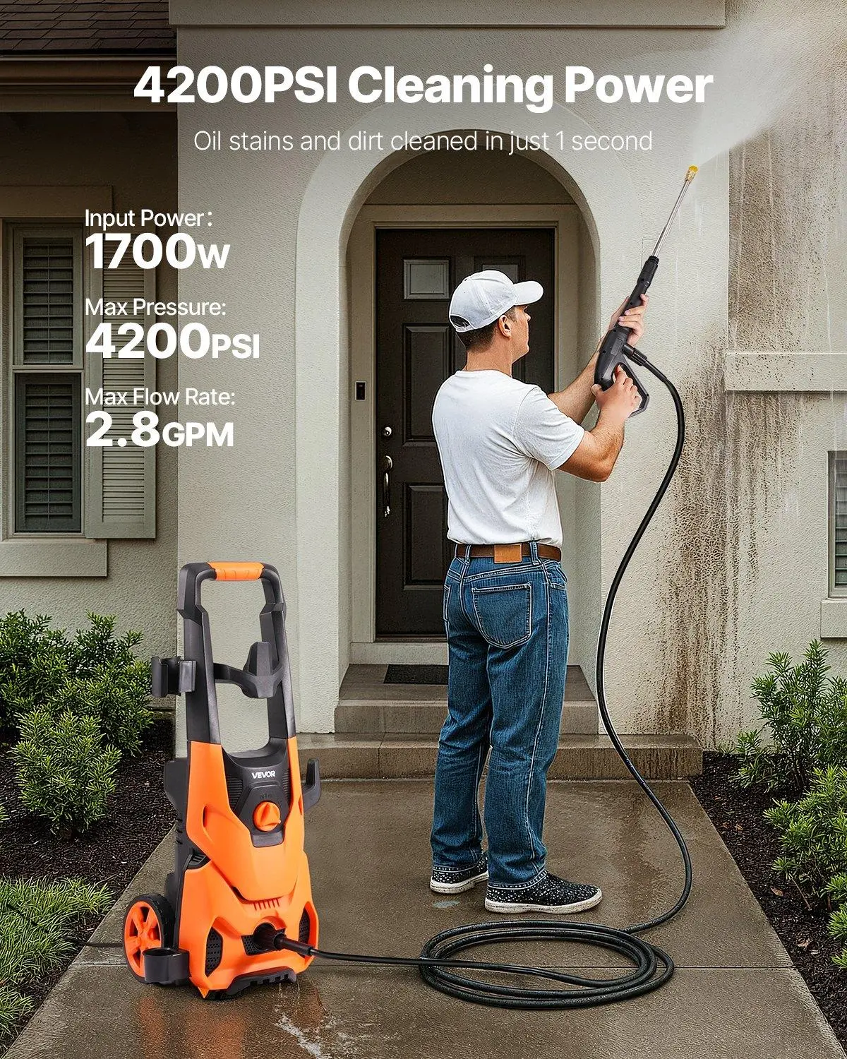 Hidrolavadora eléctrica VEVOR de hasta 4200 PSI y 2.8 GPM con boquillas y cañón de espuma.