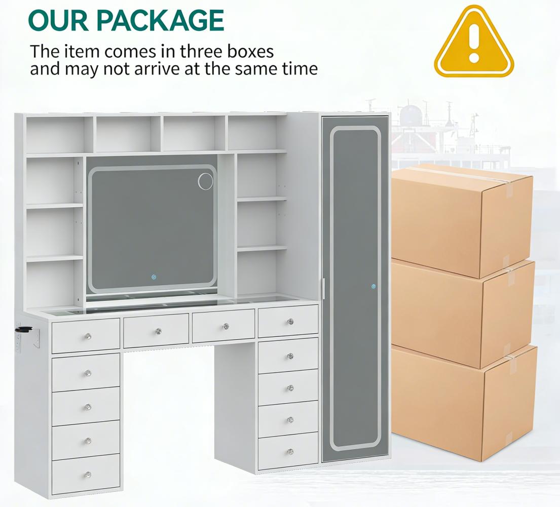 [Shipping by 3 Packages] FUSOU 2-in-1 Vanity Desk Full Length Mirror & LED Mirror with Power Outlet, Makeup Vanity 14 Drawers & 10 Shelves, Hidden Storage Capacity, Dimmable & 3 Color Lighting Dressing Table for Bedroom, White,Shipping by 3 Packages