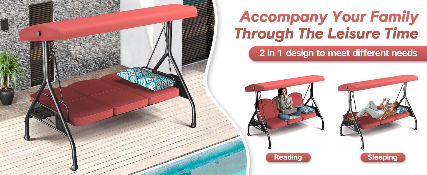 【Summervibes】3 Seat Outdoor Porch Patio Swing 800lbs 2-in-1 Patio Swing Chair Bed with Adjustable Canopy & Cup Holder Removable Cushion Outdoor Adult Swing with Stand for Yard Porch Garden Deck 【Summervibes】3 Seat Outdoor Porch Patio Swing 800lbs 2-in-1 Patio Swing Chair Bed with Adjustable Canopy & Cup Holder Removable Cushion Outdoor Adult Swing with Stand for Yard Porch Garden Deck
