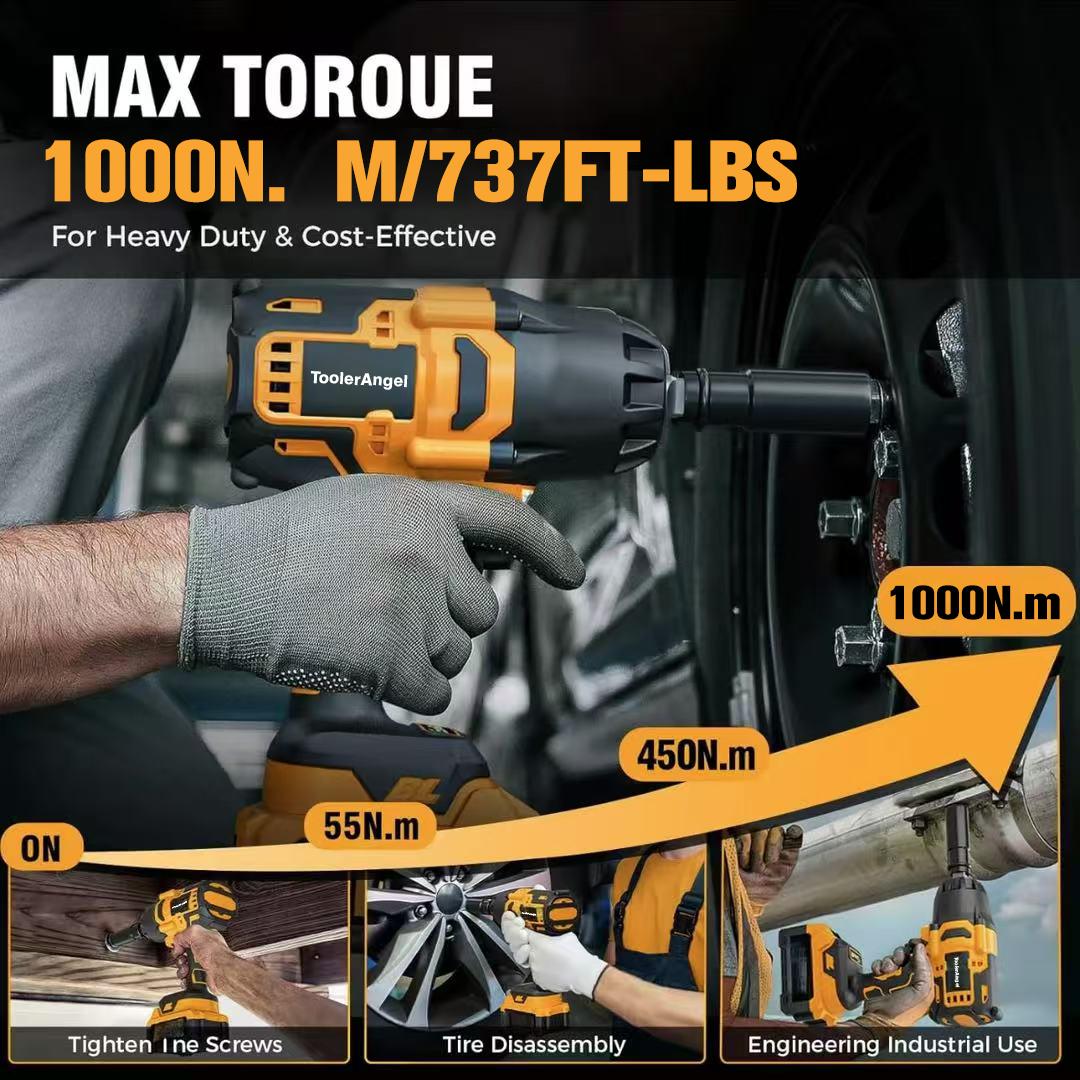 ToolerAngel 1/2-Inch Cordless Impact Wrench, 1000 Nm (737 ft-lbs) High-Torque Wrench, 20V 2000 RPM Brushless Motor, 2x 6.0Ah Lithium-Ion Batteries, Charger & 6 Sockets, Brushless Power Wrench, Mechanic Tool ToolerAngel 1/2-Inch Cordless Impact Wrench, 1000 Nm (737 ft-lbs) High-Torque Wrench, 20V 2000 RPM Brushless Motor, 2x 6.0Ah Lithium-Ion Batteries, Charger & 6 Sockets, Brushless Power Wrench, Mechanic Tool