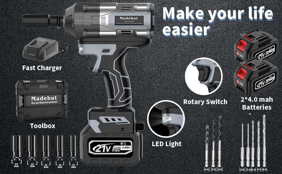 1000N.m Cordless Impact Wrench, All-Metal Cordless Impact Gun with 2 * 4.0Ah, 3-IN-1 Electric Impact Wrench with 5 Sockets for Cars & Trucks