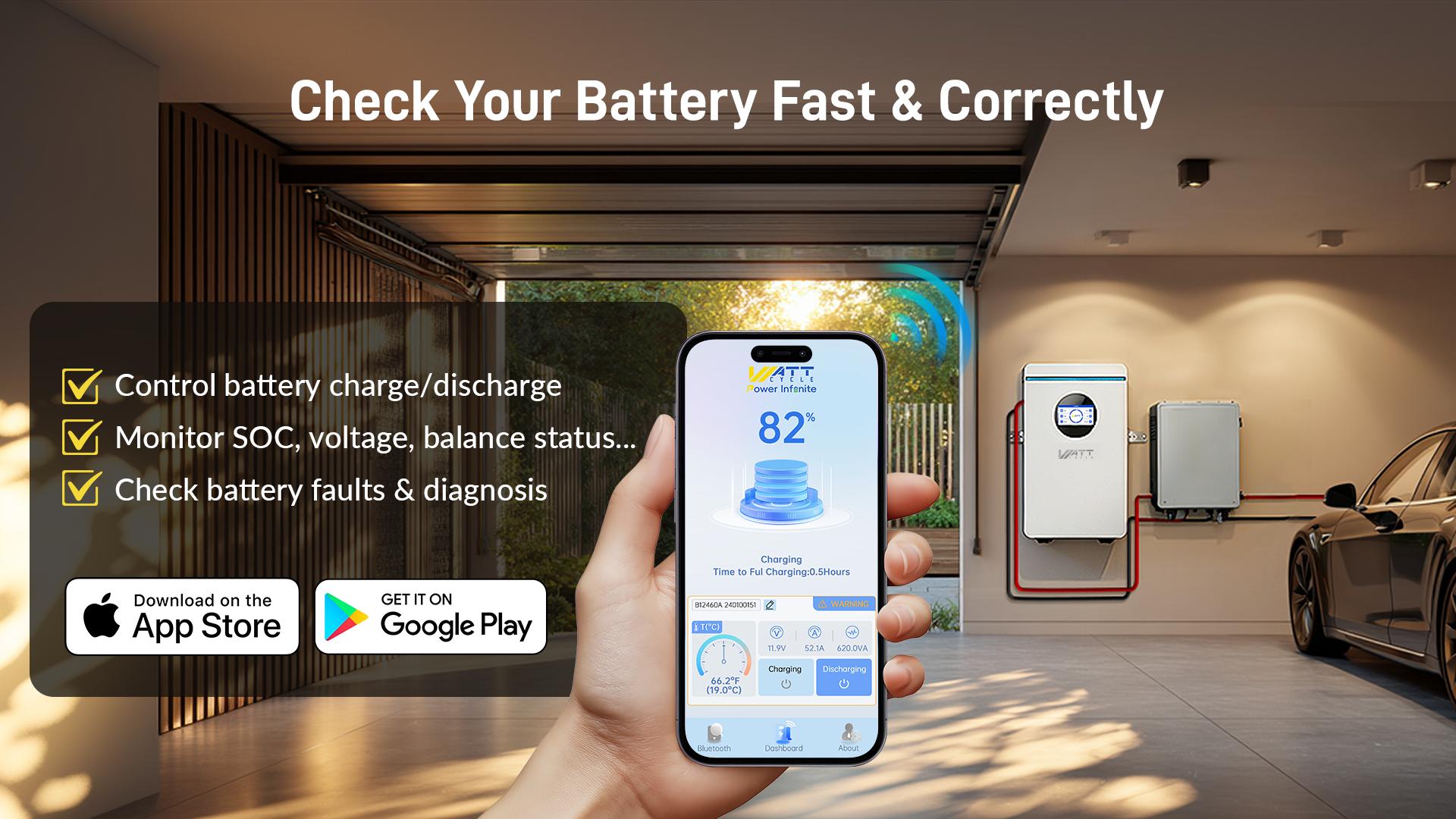WattCycle 48V 100Ah 5.12kWh Wall-Mounted LiFePO4 Battery with Bluetooth for Home Backup Power, deep cycle,solar system WattCycle 48V 100Ah 5.12kWh Wall-Mounted LiFePO4 Battery with Bluetooth for Home Backup Power, deep cycle,solar system