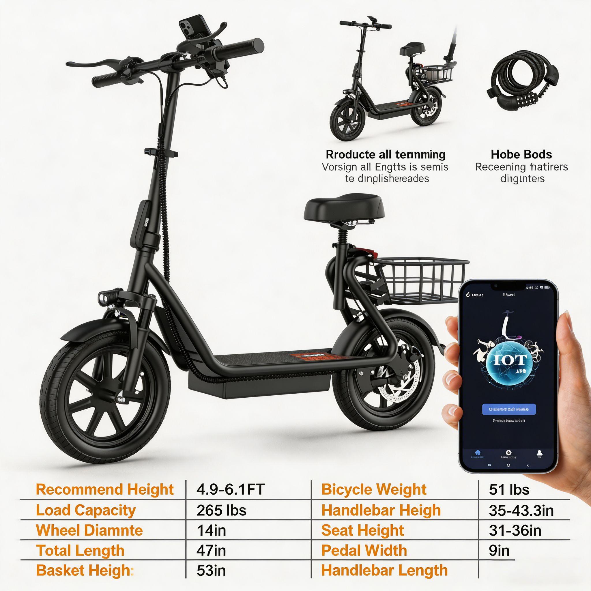 Foldable Electric Scooter with Seat & Basket, 500W Peak Motor, 48V/10.4Ah Rechargeable Battery, LED Headlight, Rear Disc Brakes, Dual Shock Absorbers, Adjustable Height, Customizable Size, 22MPH Max Speed & 28Miles Max Range Foldable Electric Scooter with Seat & Basket, 500W Peak Motor, 48V/10.4Ah Rechargeable Battery, LED Headlight, Rear Disc Brakes, Dual Shock Absorbers, Adjustable Height, Customizable Size, 22MPH Max Speed & 28Miles Max Range