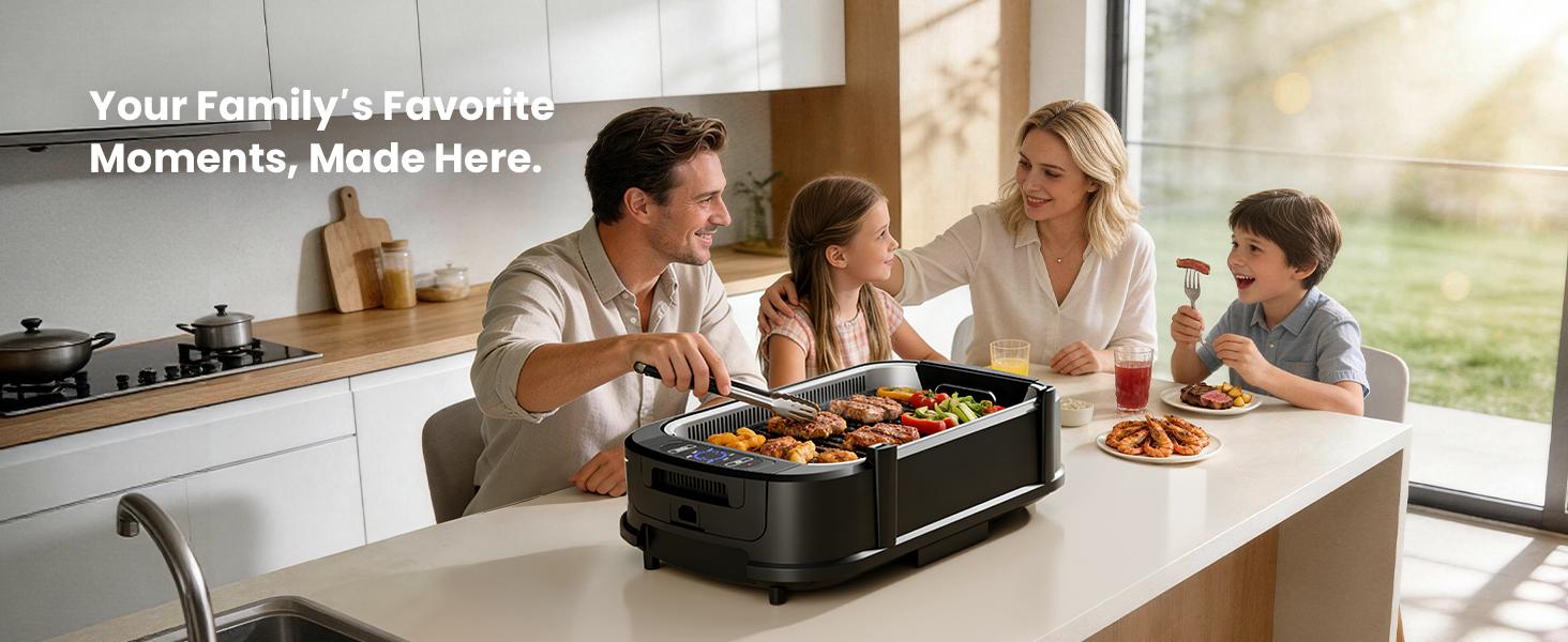 Kismile Smokeless Indoor Grill, 1500W Electric Grill Indoor with Tempered Glass Lid, Non-Stick Korean BBQ Grill with 6-Level Temp Control, Dual-Turbo Smoke Extractor, Drip Tray & Dishwasher-Safe Parts Kismile Smokeless Indoor Grill, 1500W Electric Grill Indoor with Tempered Glass Lid, Non-Stick Korean BBQ Grill with 6-Level Temp Control, Dual-Turbo Smoke Extractor, Drip Tray & Dishwasher-Safe Parts