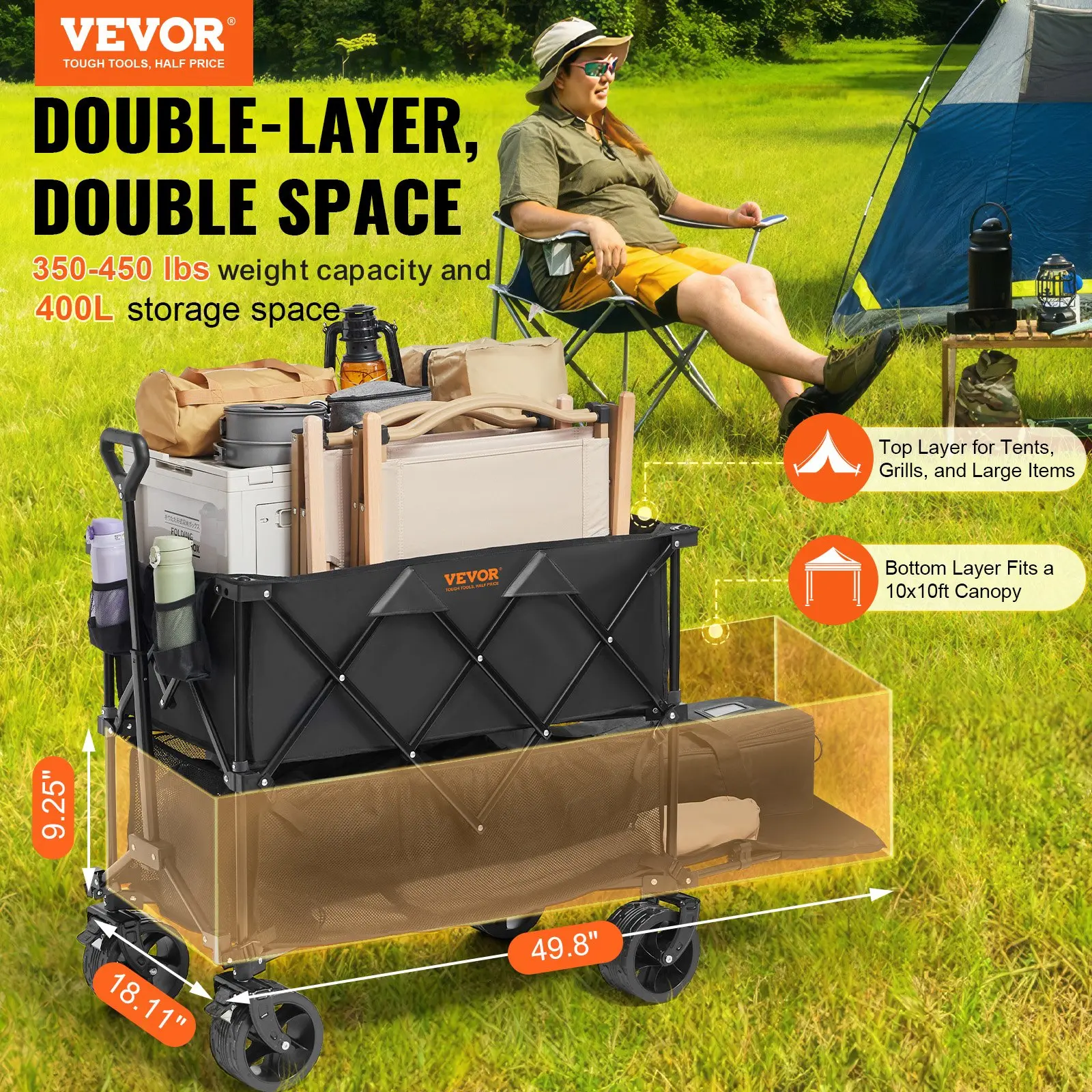 Carro plegable de doble nivel, carro de carga plegable con ruedas todoterreno, carro plegable de alta resistencia para camping, compras y jardinería, con extensor extra largo de 52 pulgadas.