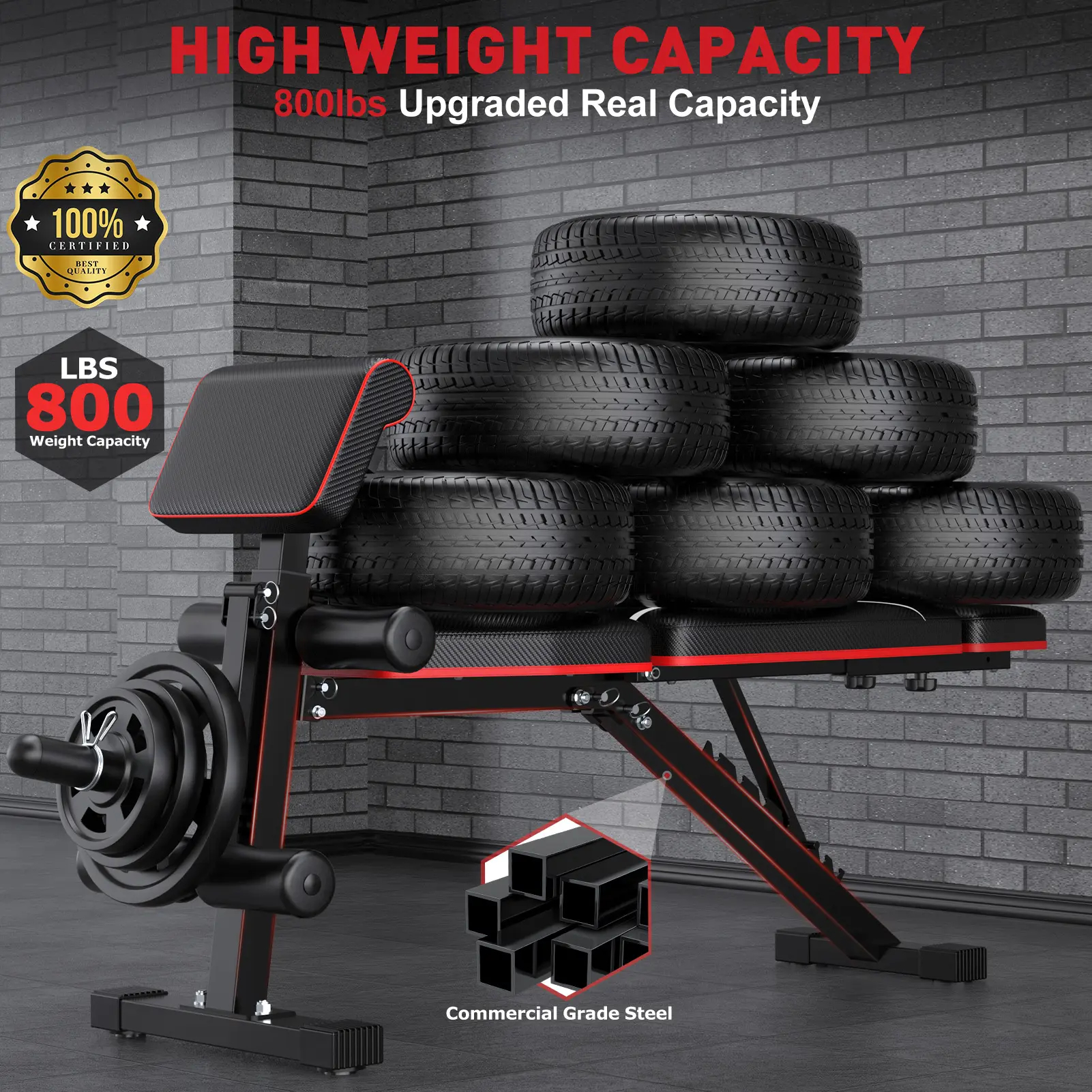 Banco de pesas plegable, capacidad de carga de 880 lb (los discos de peso no están incluidos). Banco de entrenamiento para press de banca en gimnasio en casa; equipo de ejercicio con posiciones de inclinación, declinación y abdominales, que incluye extens