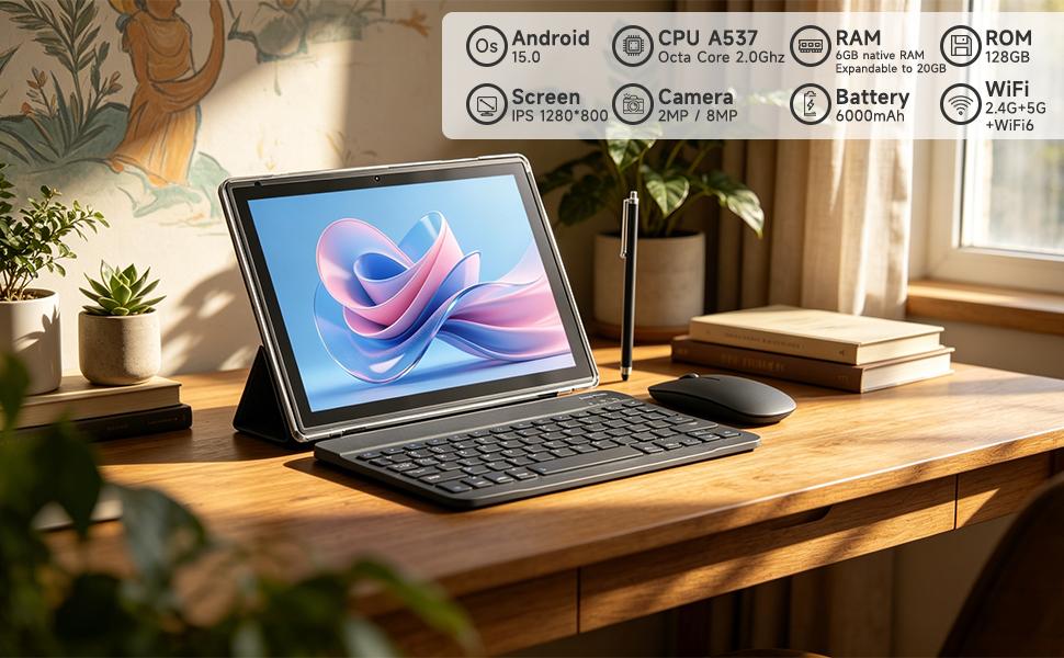 PEICHENG Android 15.0 Tablet 10.1" IPS ,6GB native RAM(expandable to 20GB) ,128GB ROM+1TB Expandable,Octa-Core 2.0GHz,WiFi6 5G & BT5.0 with Keyboard/Mouse/Stylus Bundle ,tablets on sale,tablet bundle,Touchscreen,,SummerVibes, Stock Up & Mother's Day