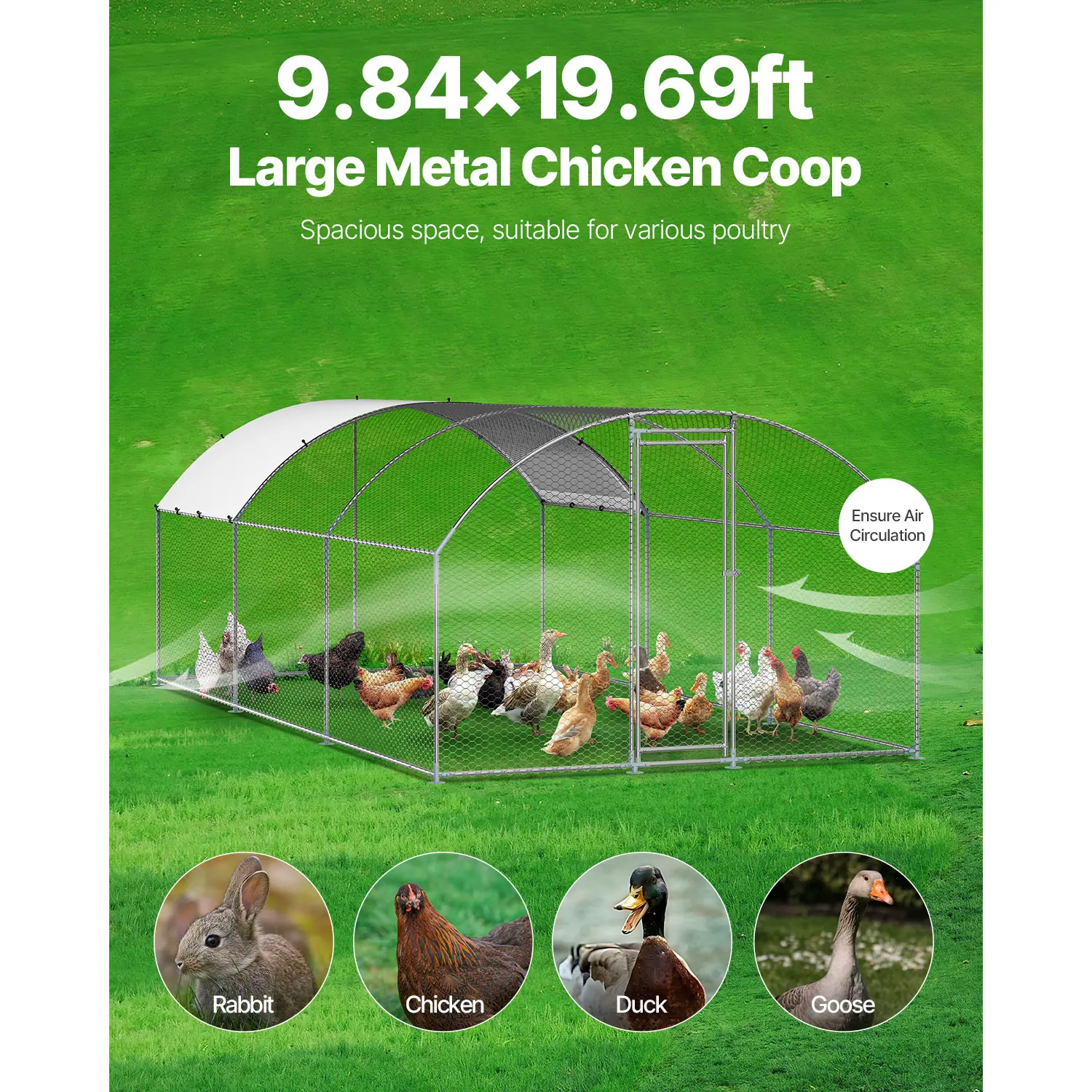 Gallinero metálico, 3 x 5,9 x 2 metros, corral grande con techo a dos aguas y cubierta, gallinero con cerradura de seguridad, jaula exterior para patos y conejos, corral para aves de corral para patio trasero, granja, jardín.