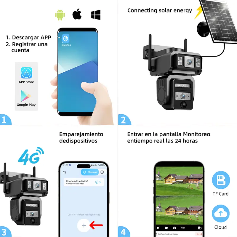 Cámara de seguridad WiFi Seckun Solar CCTV con foco, imagen nítida HD 1080P, PLR, detección de movimiento, visión nocturna a color, resistente al agua, color negro. Cámara de seguridad inalámbrica con doble lente, sin puntos ciegos, seguimiento automático