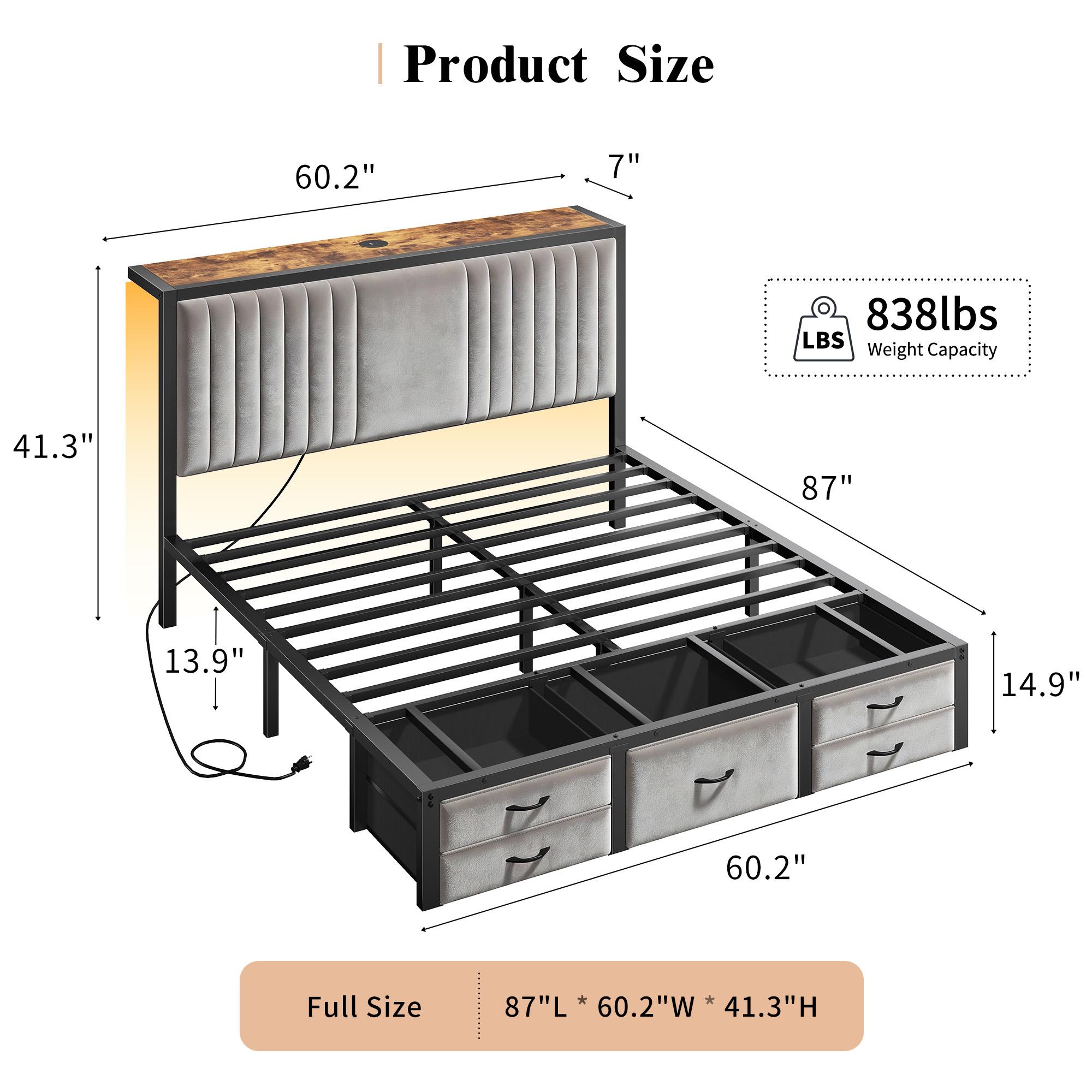 Raybee Modern Bed Frame with 5 Storage Fabric Drawers for Queen/King/Full Size, Luxury Upholstered Platform LED Bed Frame with Built-in Charging Station & Shelf on Headboard, 13.39" Under Bed Space for Apartment, Dorms, Attic, Guestroom, 838LBS Capacity Raybee Modern Bed Frame with 5 Storage Fabric Drawers for Queen/King/Full Size, Luxury Upholstered Platform LED Bed Frame with Built-in Charging Station & Shelf on Headboard, 13.39" Under Bed Space for Apartment, Dorms, Attic, Guestroom, 838LBS Capacity