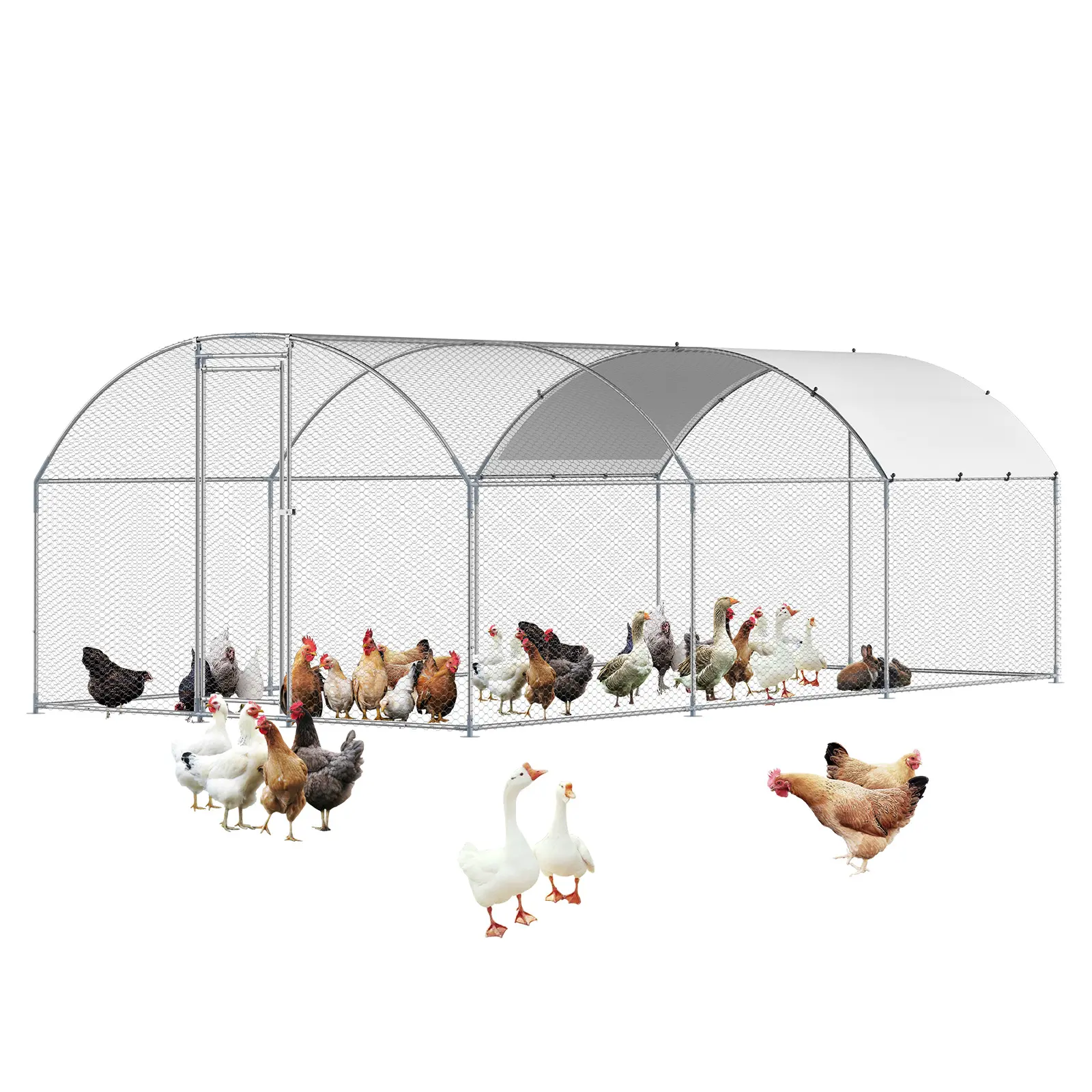 Gallinero metálico, 3 x 5,9 x 2 metros, corral grande con techo a dos aguas y cubierta, gallinero con cerradura de seguridad, jaula exterior para patos y conejos, corral para aves de corral para patio trasero, granja, jardín.