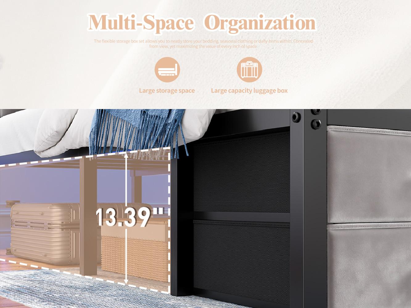Raybee Modern Bed Frame with 5 Storage Fabric Drawers for Queen/King/Full Size, Luxury Upholstered Platform LED Bed Frame with Built-in Charging Station & Shelf on Headboard, 13.39" Under Bed Space for Apartment, Dorms, Attic, Guestroom, 838LBS Capacity Raybee Modern Bed Frame with 5 Storage Fabric Drawers for Queen/King/Full Size, Luxury Upholstered Platform LED Bed Frame with Built-in Charging Station & Shelf on Headboard, 13.39" Under Bed Space for Apartment, Dorms, Attic, Guestroom, 838LBS Capacity