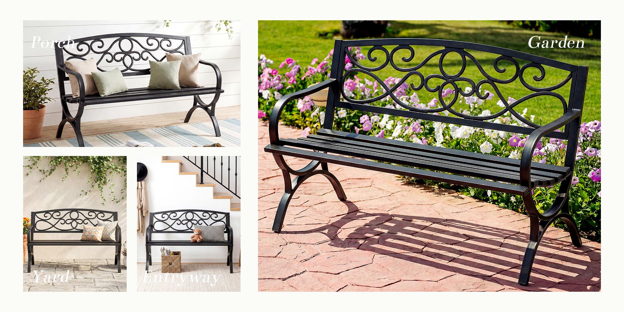 Outdoor Park Bench, Metal Frame Freestanding with Floral Pattern Backrest for Patio, Garden Outdoor Park Bench, Metal Frame Freestanding with Floral Pattern Backrest for Patio, Garden