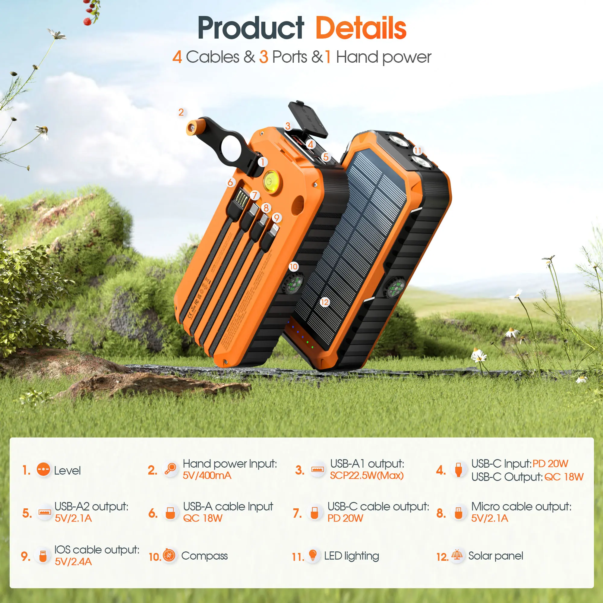 Batería externa Diamuar Solar Charger Power Bank de 40000 mAh con 4 cables y manivela integrados, cargador portátil de 22,5 W de carga rápida con 6 salidas y 4 entradas, linterna brillante y brújula.