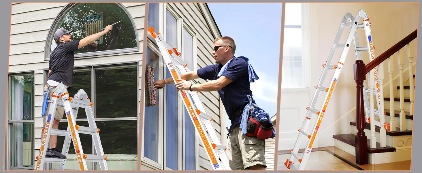 LEVELEVE Multi-Position Extension Ladder - Converts Modes, A-Frame Step Ladder with Stabilizer Bars, Folded Width Design, 330LBS Load Capacity, Wheels, Safe for Home, Outdoor Roof Work LEVELEVE Multi-Position Extension Ladder - Converts Modes, A-Frame Step Ladder with Stabilizer Bars, Folded Width Design, 330LBS Load Capacity, Wheels, Safe for Home, Outdoor Roof Work