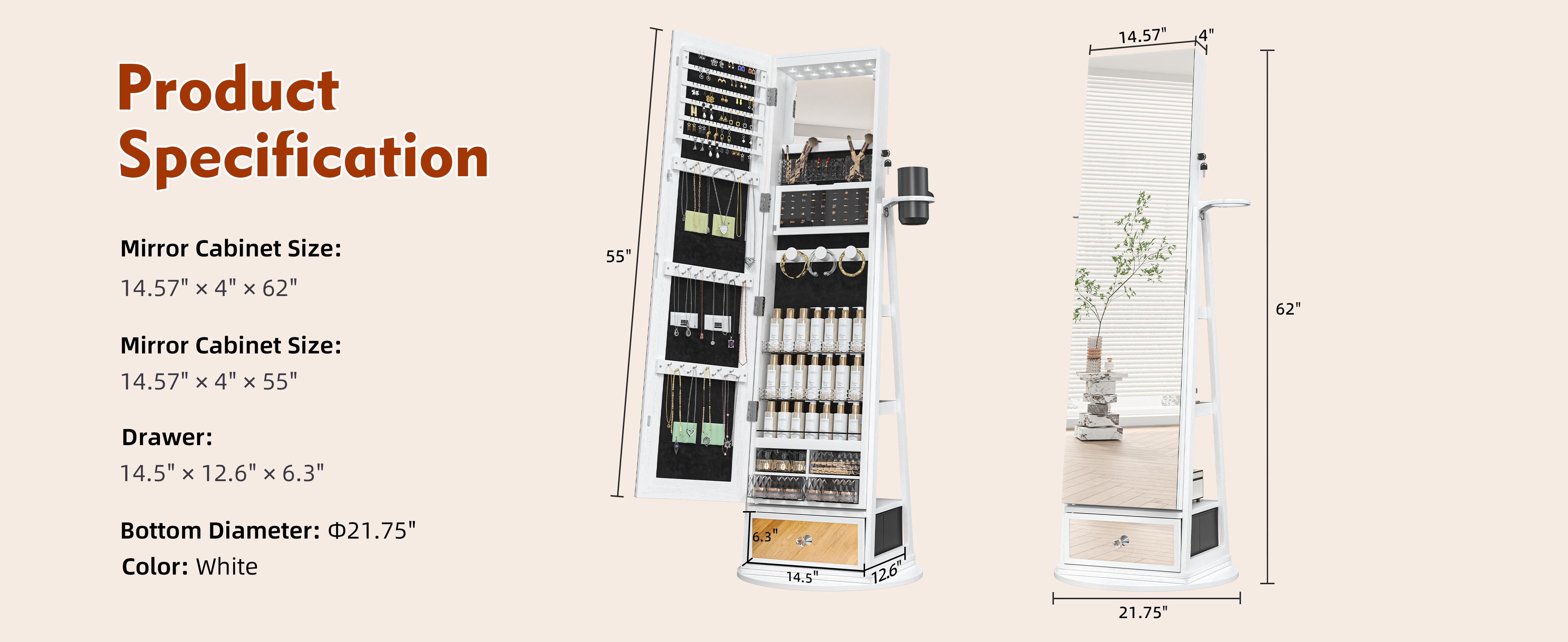 Summervibes LHBCRAFT 360° Swivel Jewelry Cabinet with LED Light, mirror cabinet, jewelry armoire, Mirror with Storage, Standing Jewelry Armoire Organizer gift idea Summervibes LHBCRAFT 360° Swivel Jewelry Cabinet with LED Light, mirror cabinet, jewelry armoire, Mirror with Storage, Standing Jewelry Armoire Organizer gift idea