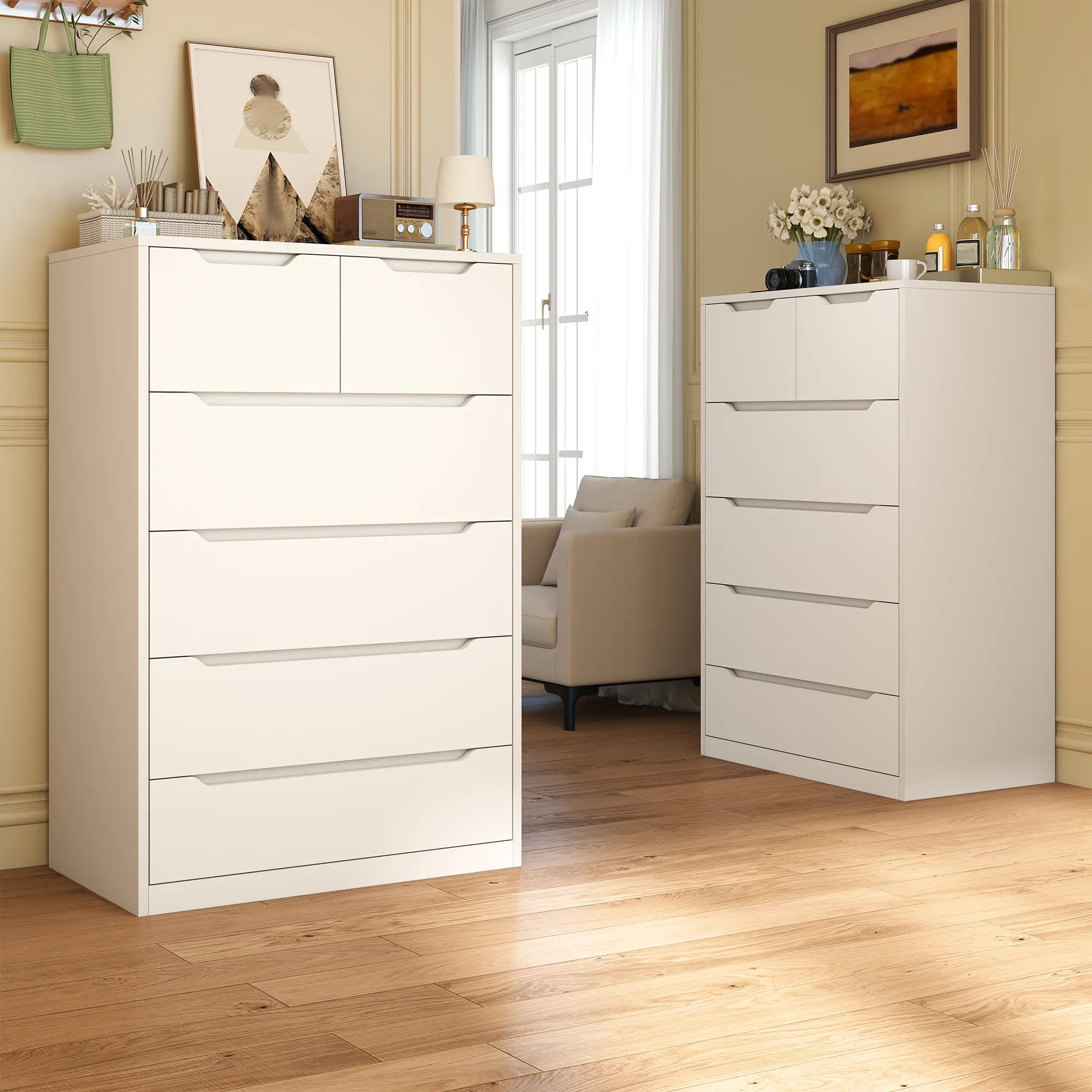 Cómoda moderna de madera con 4/5/6 cajones grandes, elegante armario de almacenamiento y cómodas con organizador grande, cómoda alta con riel de metal liso, organizador de almacenamiento blanco perfecto y decoración del hogar para dormitorio y sala de est