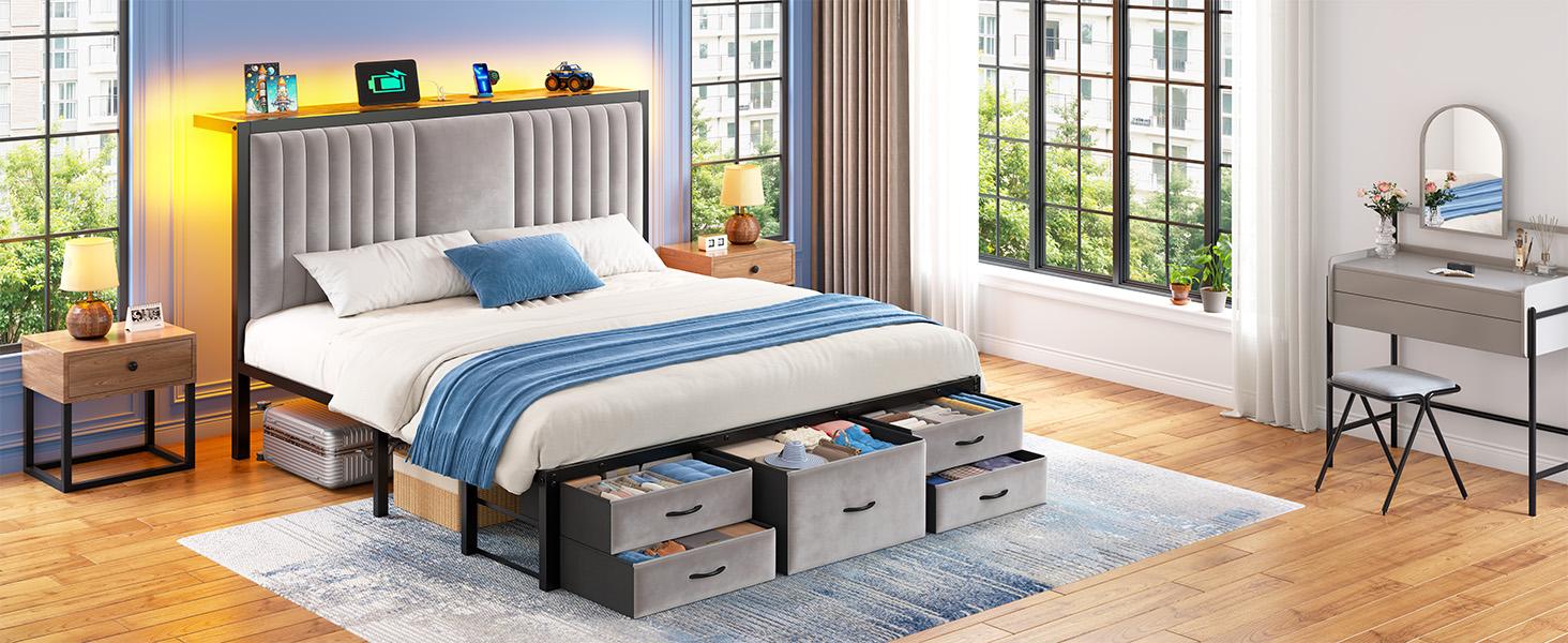 Raybee Modern Bed Frame with 5 Storage Fabric Drawers for Queen/King/Full Size, Luxury Upholstered Platform LED Bed Frame with Built-in Charging Station & Shelf on Headboard, 13.39" Under Bed Space for Apartment, Dorms, Attic, Guestroom, 838LBS Capacity Raybee Modern Bed Frame with 5 Storage Fabric Drawers for Queen/King/Full Size, Luxury Upholstered Platform LED Bed Frame with Built-in Charging Station & Shelf on Headboard, 13.39" Under Bed Space for Apartment, Dorms, Attic, Guestroom, 838LBS Capacity