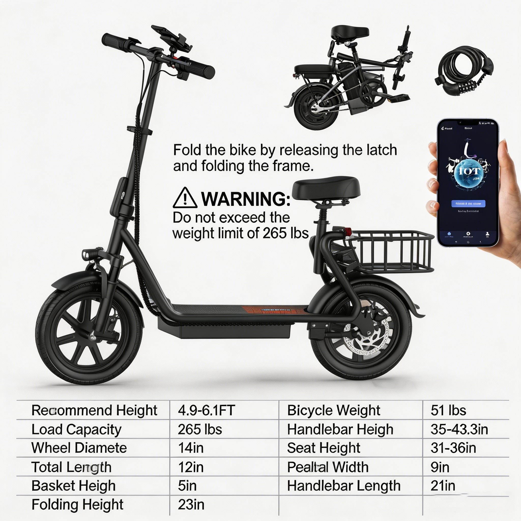 Foldable Electric Scooter with Seat & Basket, 500W Peak Motor, 48V/10.4Ah Rechargeable Battery, LED Headlight, Rear Disc Brakes, Dual Shock Absorbers, Adjustable Height, Customizable Size, 22MPH Max Speed & 28Miles Max Range Foldable Electric Scooter with Seat & Basket, 500W Peak Motor, 48V/10.4Ah Rechargeable Battery, LED Headlight, Rear Disc Brakes, Dual Shock Absorbers, Adjustable Height, Customizable Size, 22MPH Max Speed & 28Miles Max Range