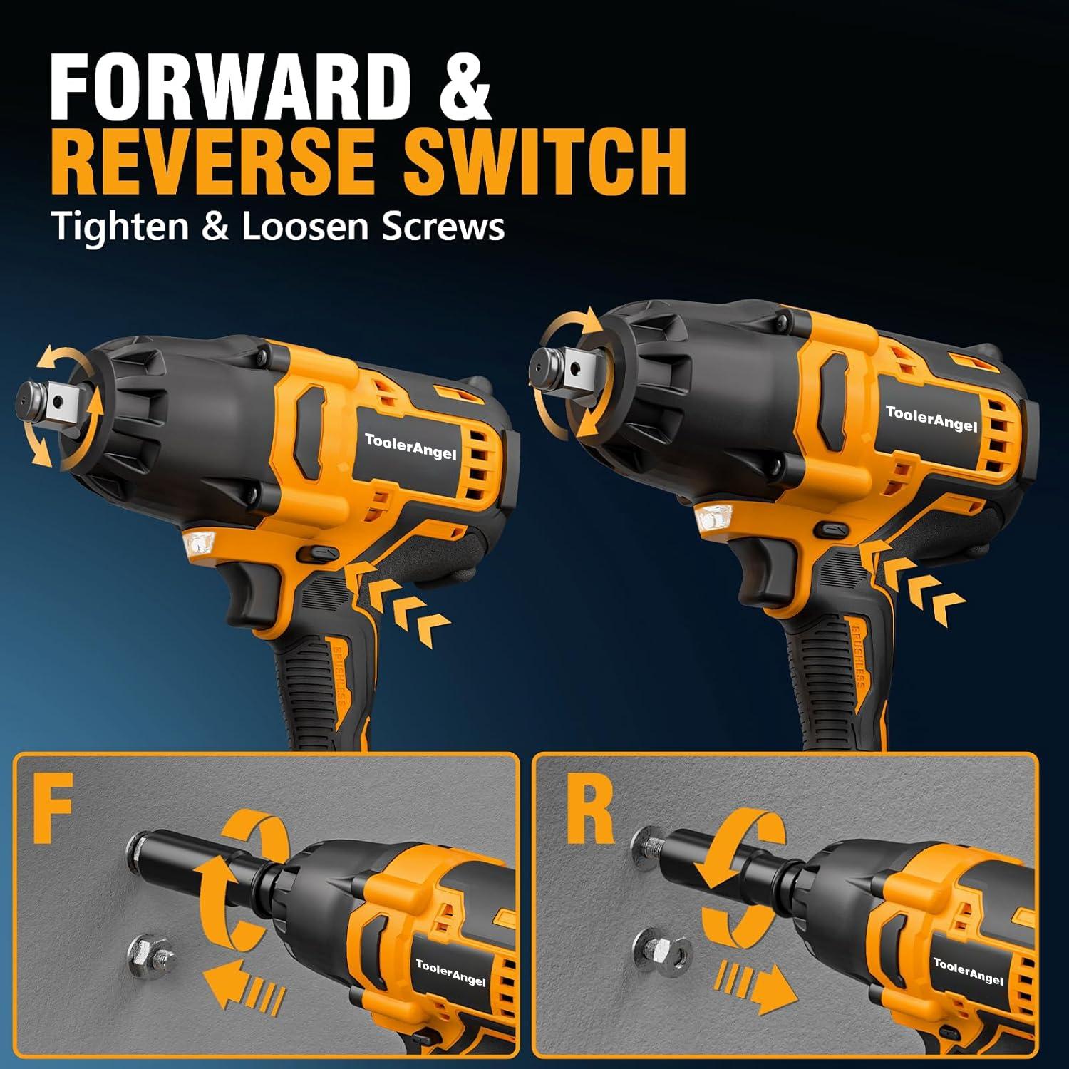 ToolerAngel 1/2-Inch Cordless Impact Wrench, 1000 Nm (737 ft-lbs) High-Torque Wrench, 20V 2000 RPM Brushless Motor, 2x 6.0Ah Lithium-Ion Batteries, Charger & 6 Sockets, Brushless Power Wrench, Mechanic Tool ToolerAngel 1/2-Inch Cordless Impact Wrench, 1000 Nm (737 ft-lbs) High-Torque Wrench, 20V 2000 RPM Brushless Motor, 2x 6.0Ah Lithium-Ion Batteries, Charger & 6 Sockets, Brushless Power Wrench, Mechanic Tool