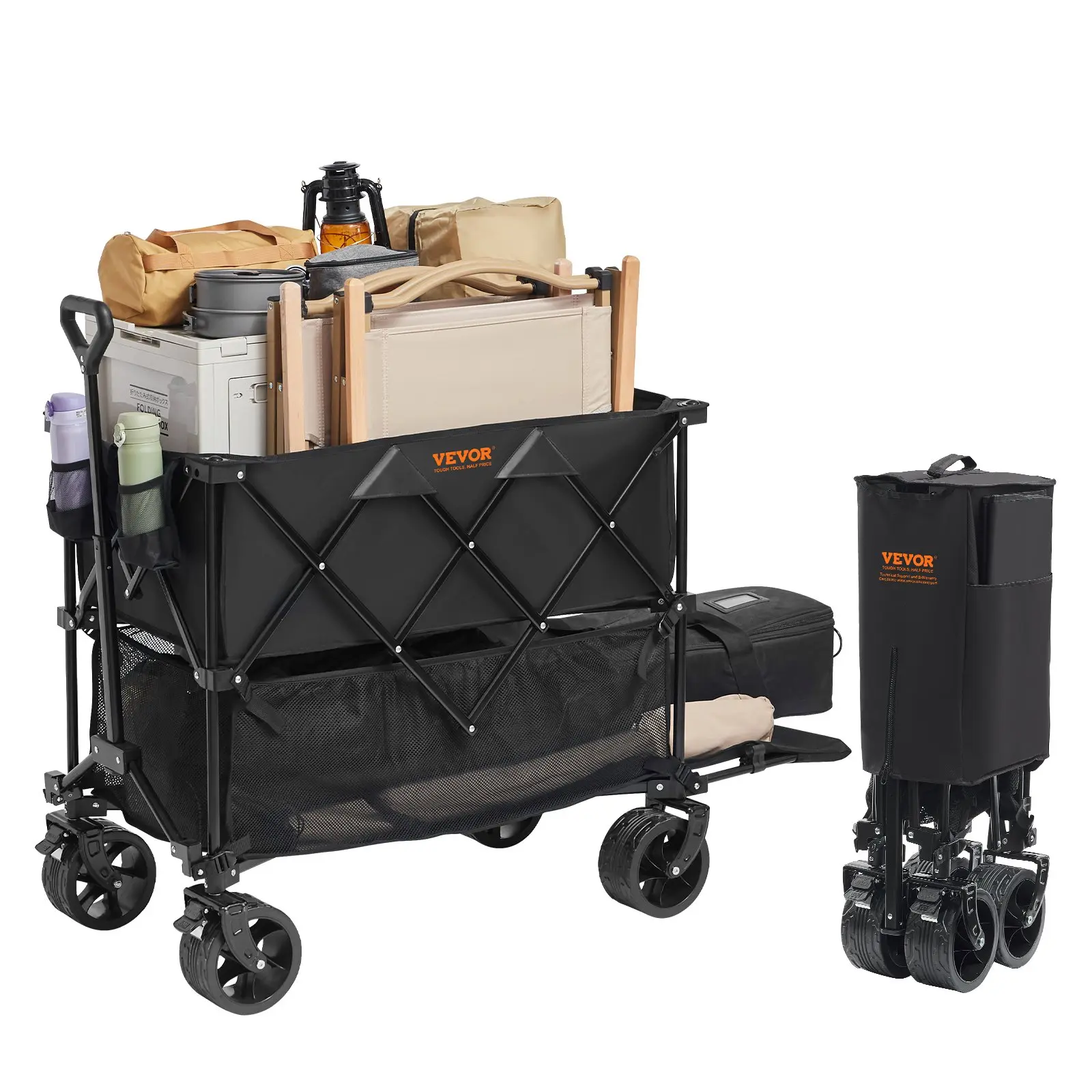 Carro plegable de doble nivel, carro de carga plegable con ruedas todoterreno, carro plegable de alta resistencia para camping, compras y jardinería, con extensor extra largo de 52 pulgadas.