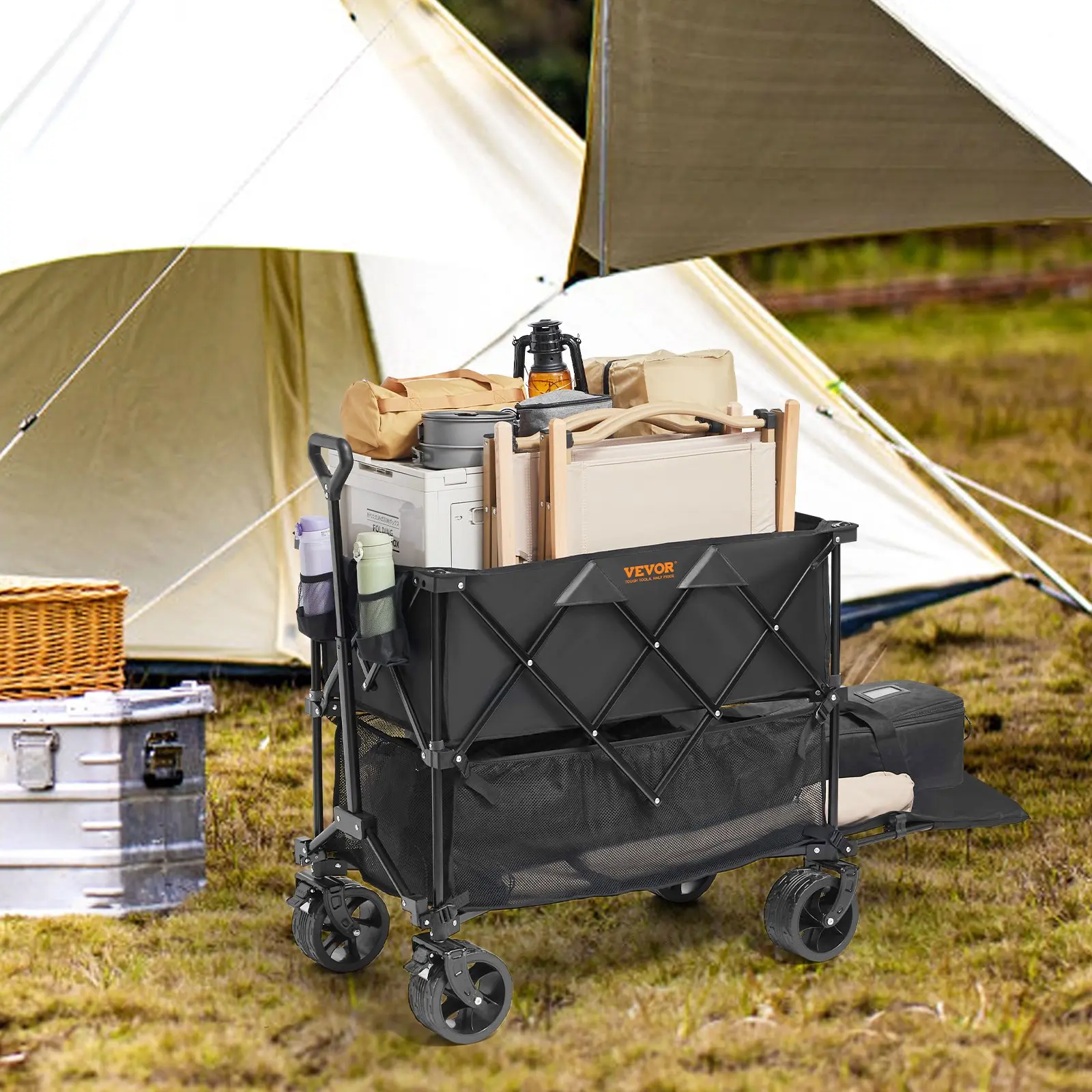 Carro plegable de doble nivel, carro de carga plegable con ruedas todoterreno, carro plegable de alta resistencia para camping, compras y jardinería, con extensor extra largo de 52 pulgadas.