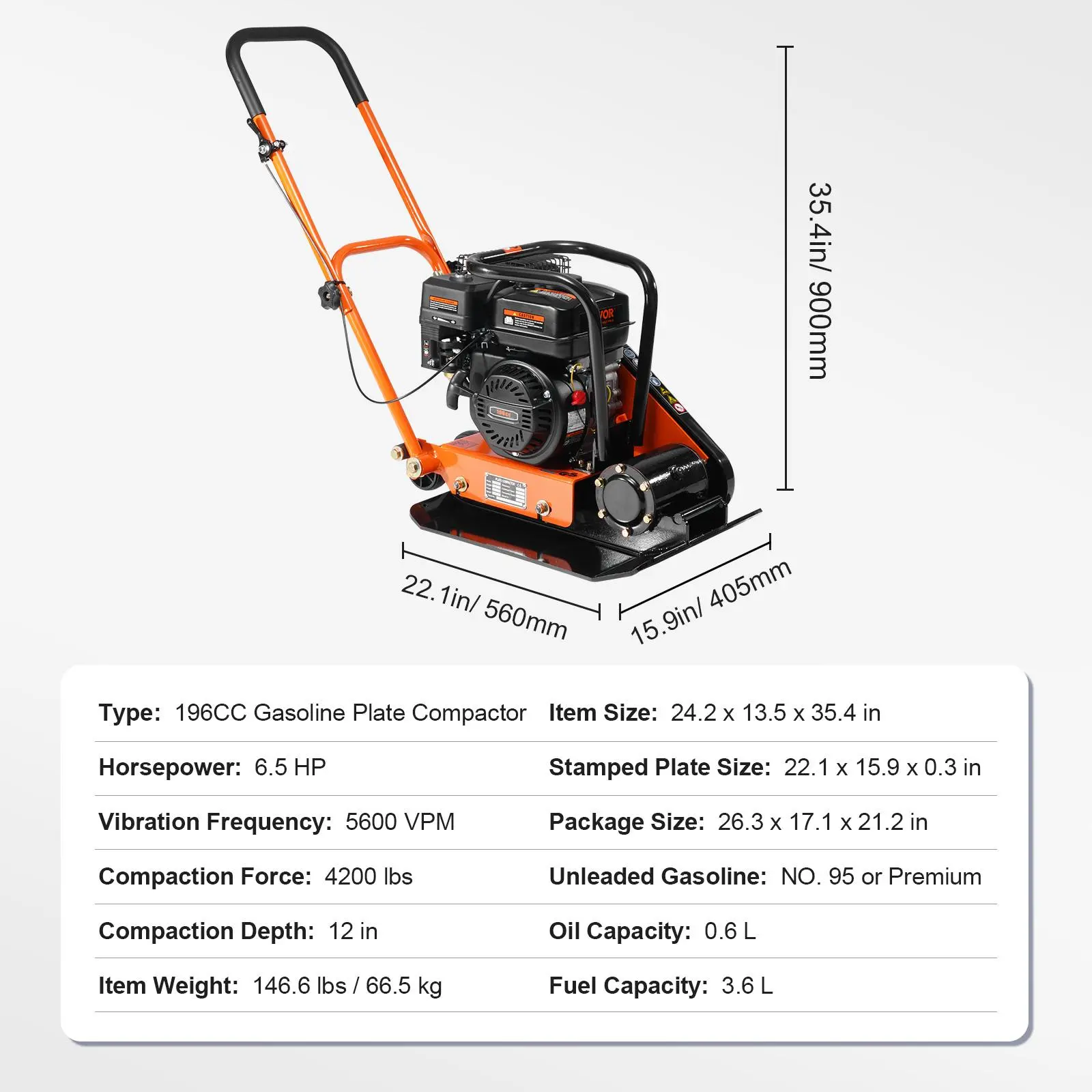 Compactador de placa, motor de gasolina de 6.5 HP y 196 CC, compactador vibratorio de 4200 lb, compactador de placa de 22.1 x 15.9 pulgadas, compactador de pavimento de 5600 VPM para pasarelas, asfalto, paisajismo con adoquines