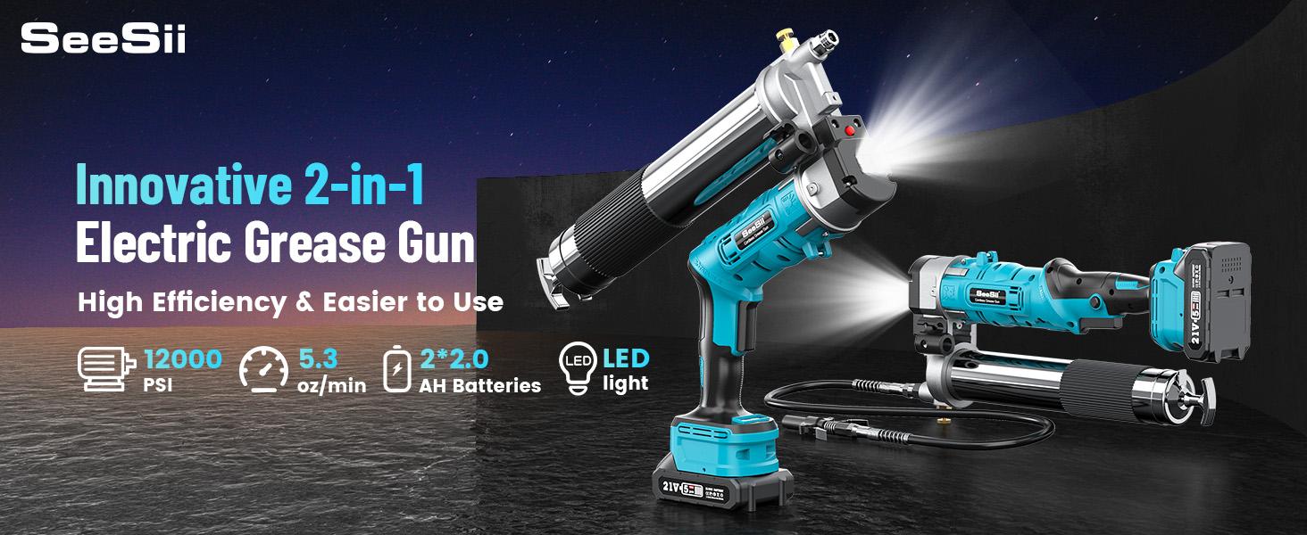 SEESII Cordless Grease Gun, Innovative 2-in-1 Easy-to-Use Electric Grease Gun, 5.3 oz/min 12,000 PSI High-Efficiency Battery Powered Grease Tool Kit, Grease Tool with 2*2.0Ah Batteries and Charger, B003 SEESII Cordless Grease Gun, Innovative 2-in-1 Easy-to-Use Electric Grease Gun, 5.3 oz/min 12,000 PSI High-Efficiency Battery Powered Grease Tool Kit, Grease Tool with 2*2.0Ah Batteries and Charger, B003