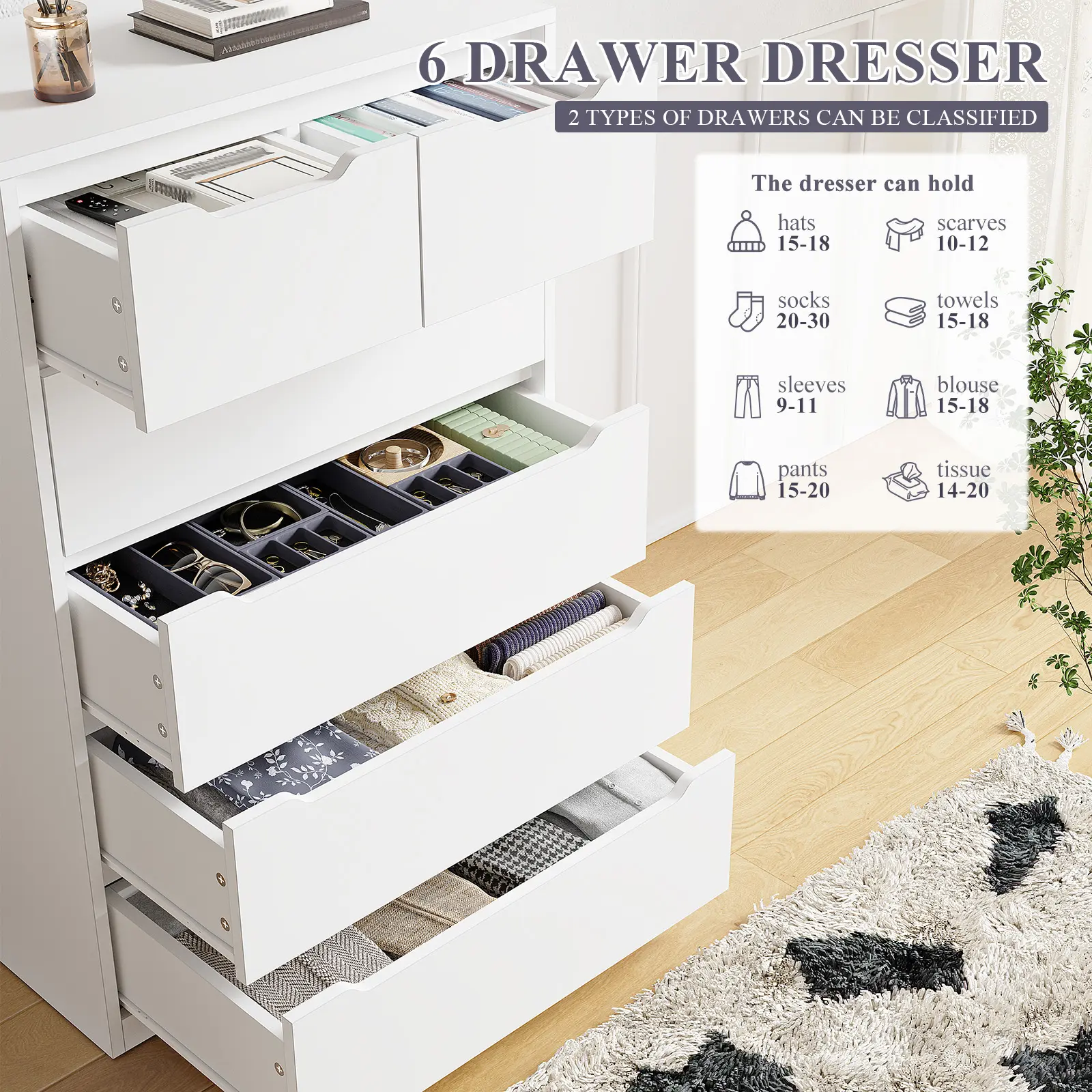 Cómoda moderna de madera con 4/5/6 cajones grandes, elegante armario de almacenamiento y cómodas con organizador grande, cómoda alta con riel de metal liso, organizador de almacenamiento blanco perfecto y decoración del hogar para dormitorio y sala de est