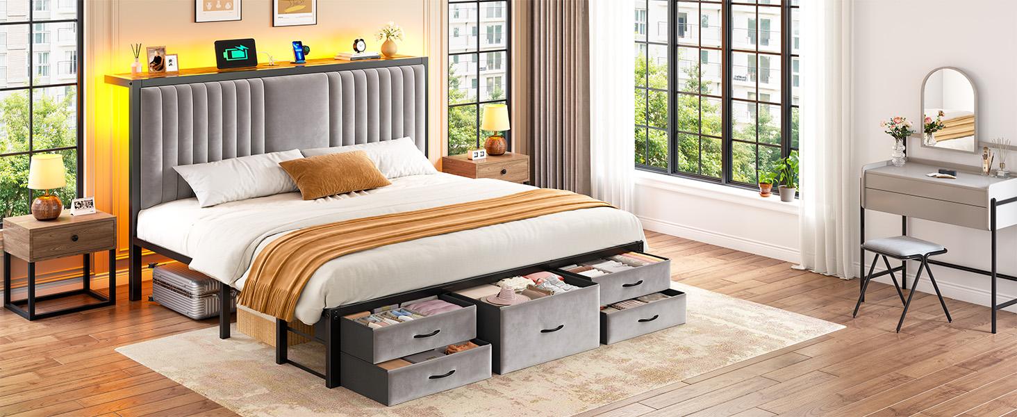 Raybee Modern Bed Frame with 5 Storage Fabric Drawers for Queen/King/Full Size, Luxury Upholstered Platform LED Bed Frame with Built-in Charging Station & Shelf on Headboard, 13.39" Under Bed Space for Apartment, Dorms, Attic, Guestroom, 838LBS Capacity Raybee Modern Bed Frame with 5 Storage Fabric Drawers for Queen/King/Full Size, Luxury Upholstered Platform LED Bed Frame with Built-in Charging Station & Shelf on Headboard, 13.39" Under Bed Space for Apartment, Dorms, Attic, Guestroom, 838LBS Capacity