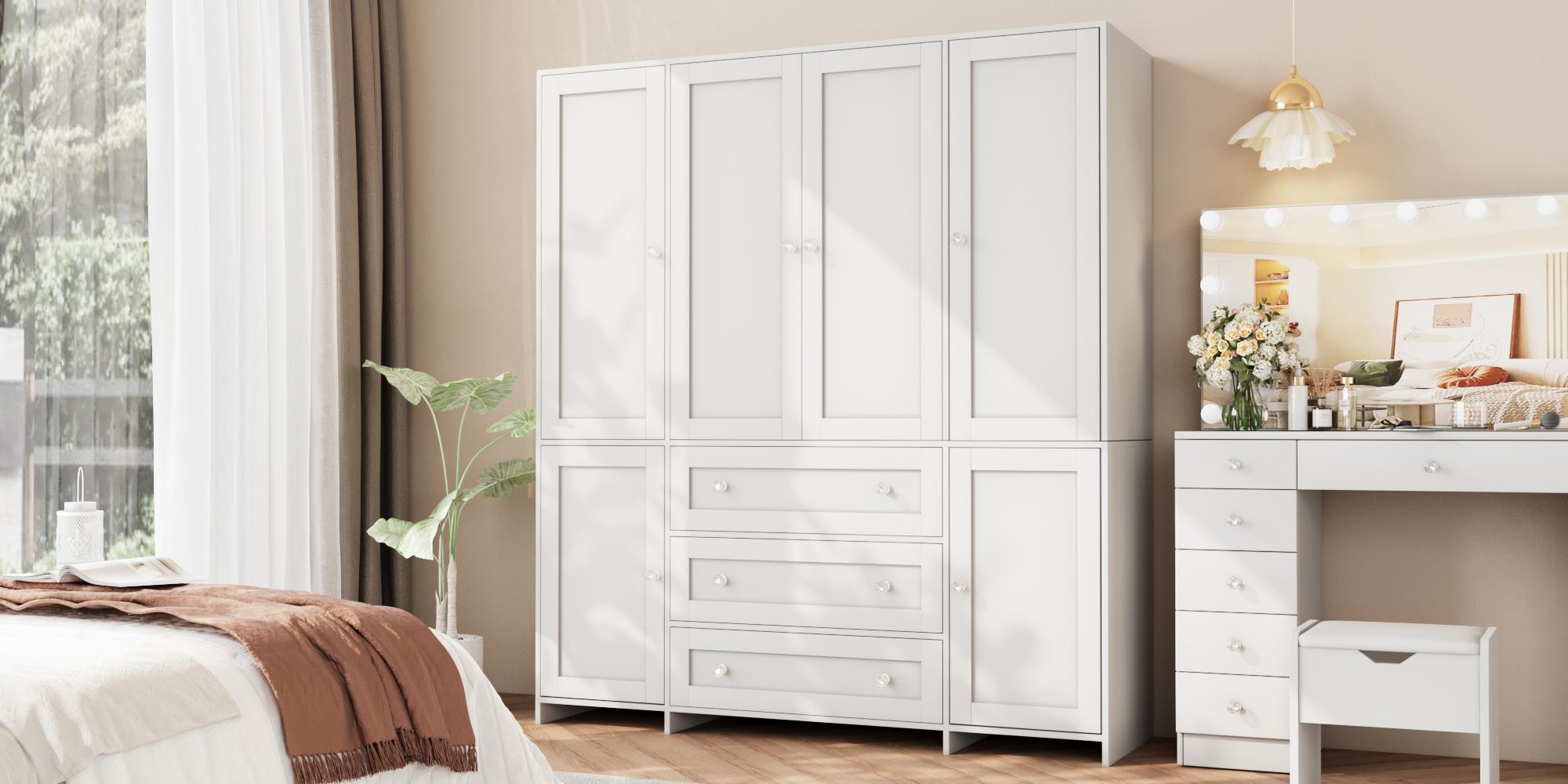 VOWNER Large 4 Doors Wooden Wardrobe Bedroom Tall Armoire Closet Organizer with Big Drawers Mirror Hanging Rails and Shelves Clothes Storage Cabinet for Bedroom VOWNER Large 4 Doors Wooden Wardrobe Bedroom Tall Armoire Closet Organizer with Big Drawers Mirror Hanging Rails and Shelves Clothes Storage Cabinet for Bedroom