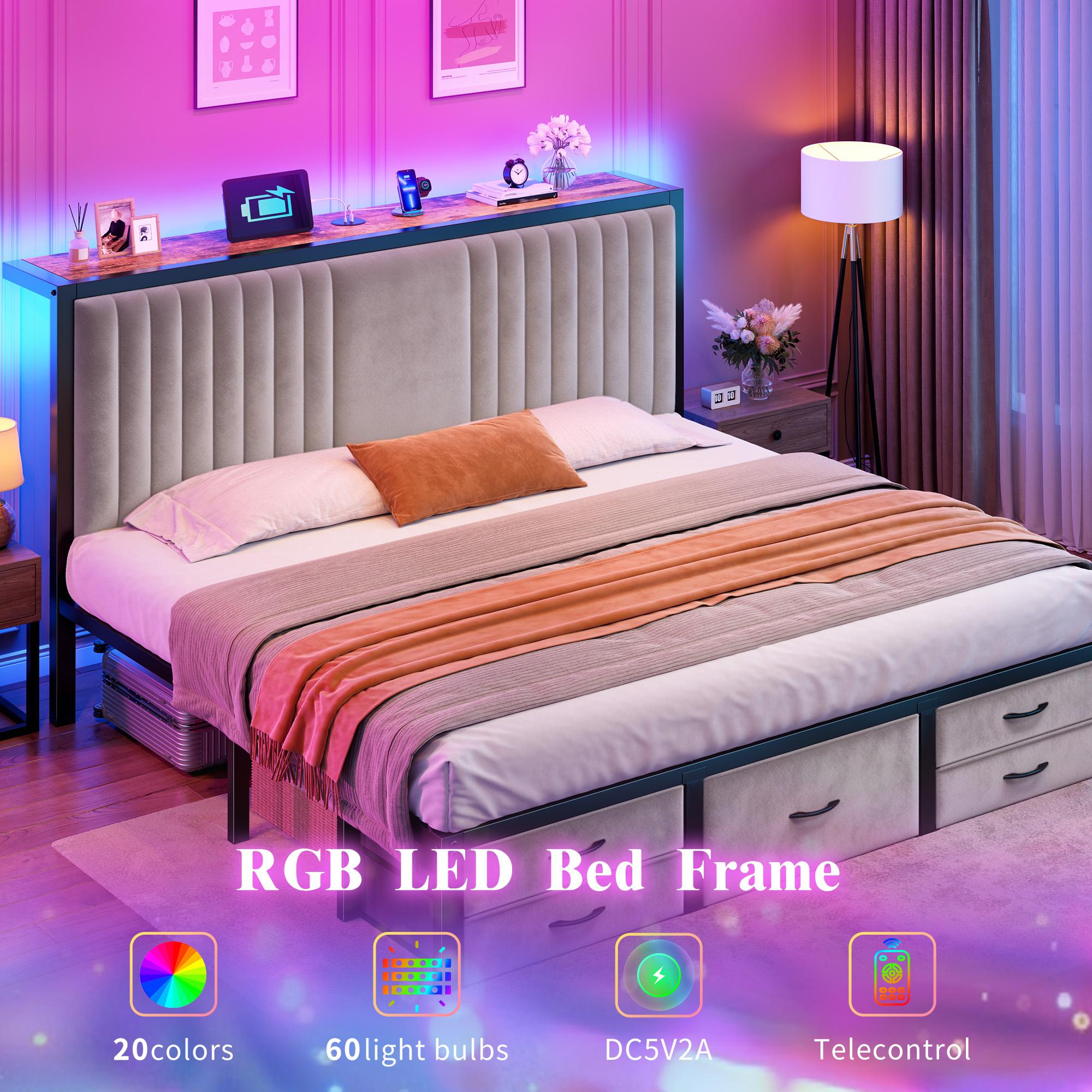 Raybee Modern Bed Frame with 5 Storage Fabric Drawers for Queen/King/Full Size, Luxury Upholstered Platform LED Bed Frame with Built-in Charging Station & Shelf on Headboard, 13.39" Under Bed Space for Apartment, Dorms, Attic, Guestroom, 838LBS Capacity Raybee Modern Bed Frame with 5 Storage Fabric Drawers for Queen/King/Full Size, Luxury Upholstered Platform LED Bed Frame with Built-in Charging Station & Shelf on Headboard, 13.39" Under Bed Space for Apartment, Dorms, Attic, Guestroom, 838LBS Capacity