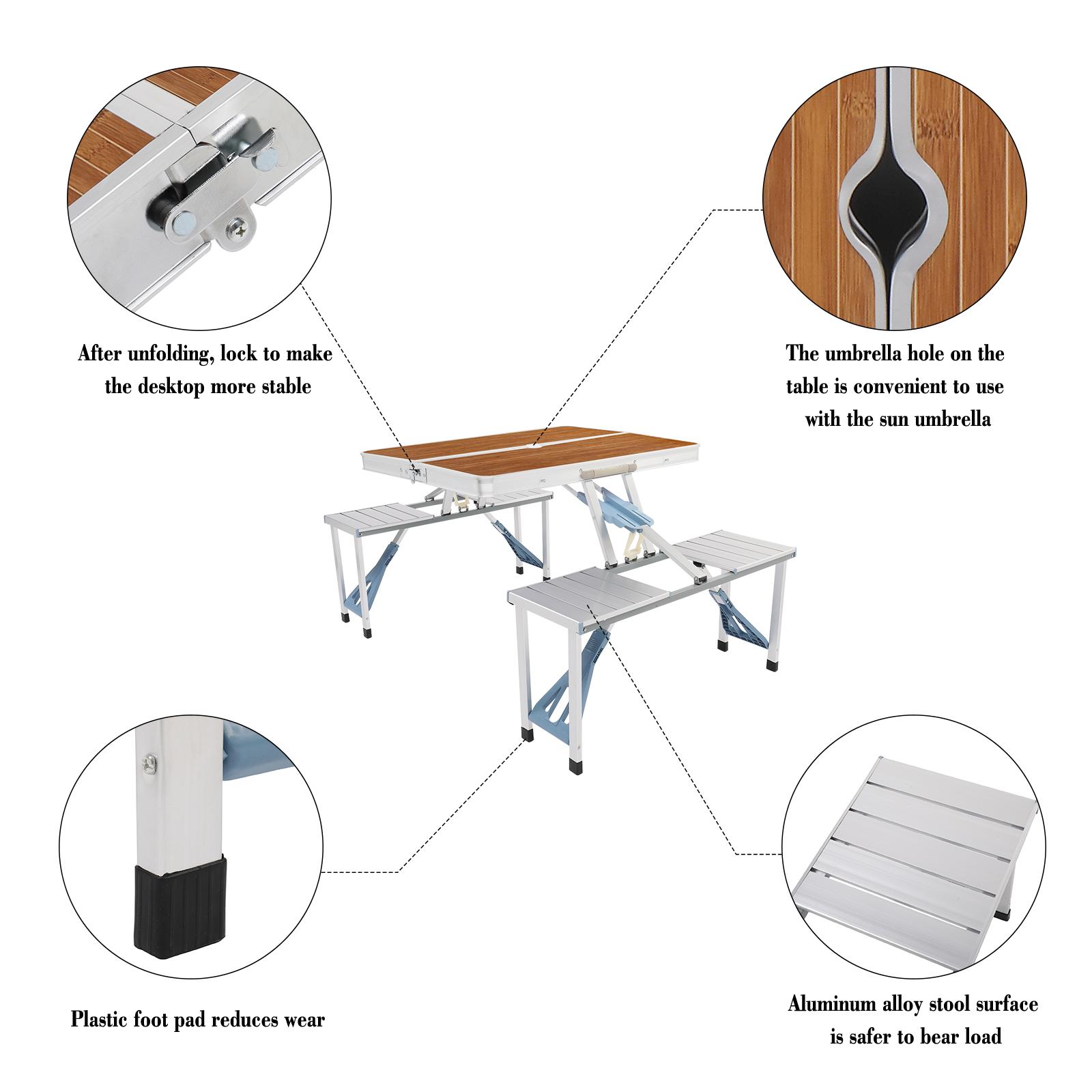 VINGLI 4 Ft Camping Picnic Table Set with 4 Seats, 220 Lbs Support Aluminum Frame, Foldable Suitcase Design with Umbrella Hole, for BBQ, Travel, Outing, Gathering, RV VINGLI 4 Ft Camping Picnic Table Set with 4 Seats, 220 Lbs Support Aluminum Frame, Foldable Suitcase Design with Umbrella Hole, for BBQ, Travel, Outing, Gathering, RV