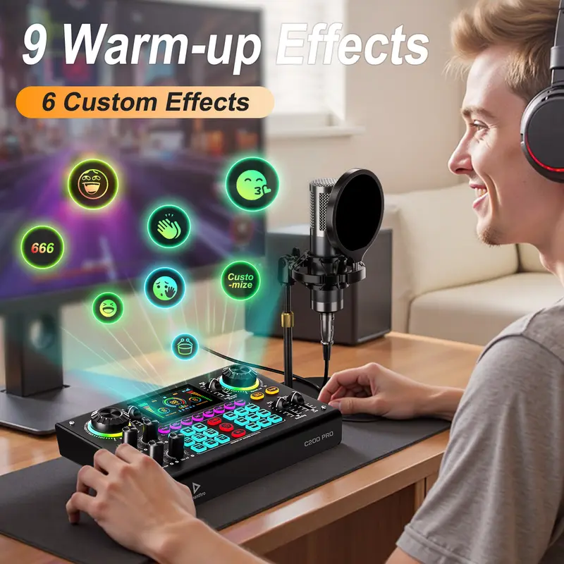 Kit de tarjeta de sonido Ideanthro C200 PRO-P15 | Procesador digital de señal (DSP) de doble núcleo | Mezclador de audio con conectividad para micrófono y auriculares | Cambiador de tono y voz ajustable | Equipo de streaming para PC y dispositivos móviles